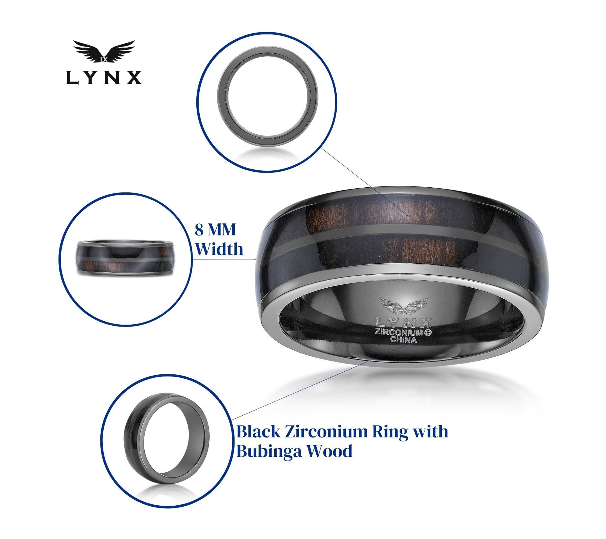 LYNX Men's Black Zirconium Resin & Wood Inlay Band Ring
