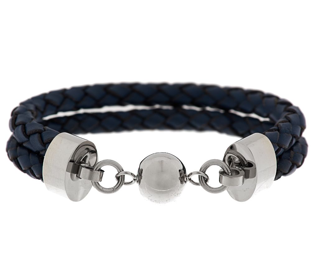 Stainless Steel Double Row Leather Bracelet - QVC.com