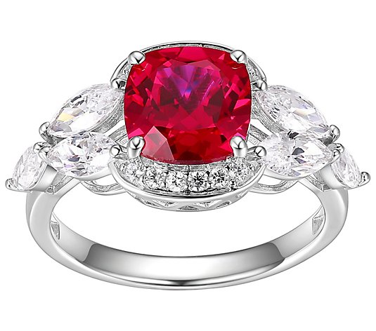 Diamonique & Simulated Ruby Ring, Sterling Silver