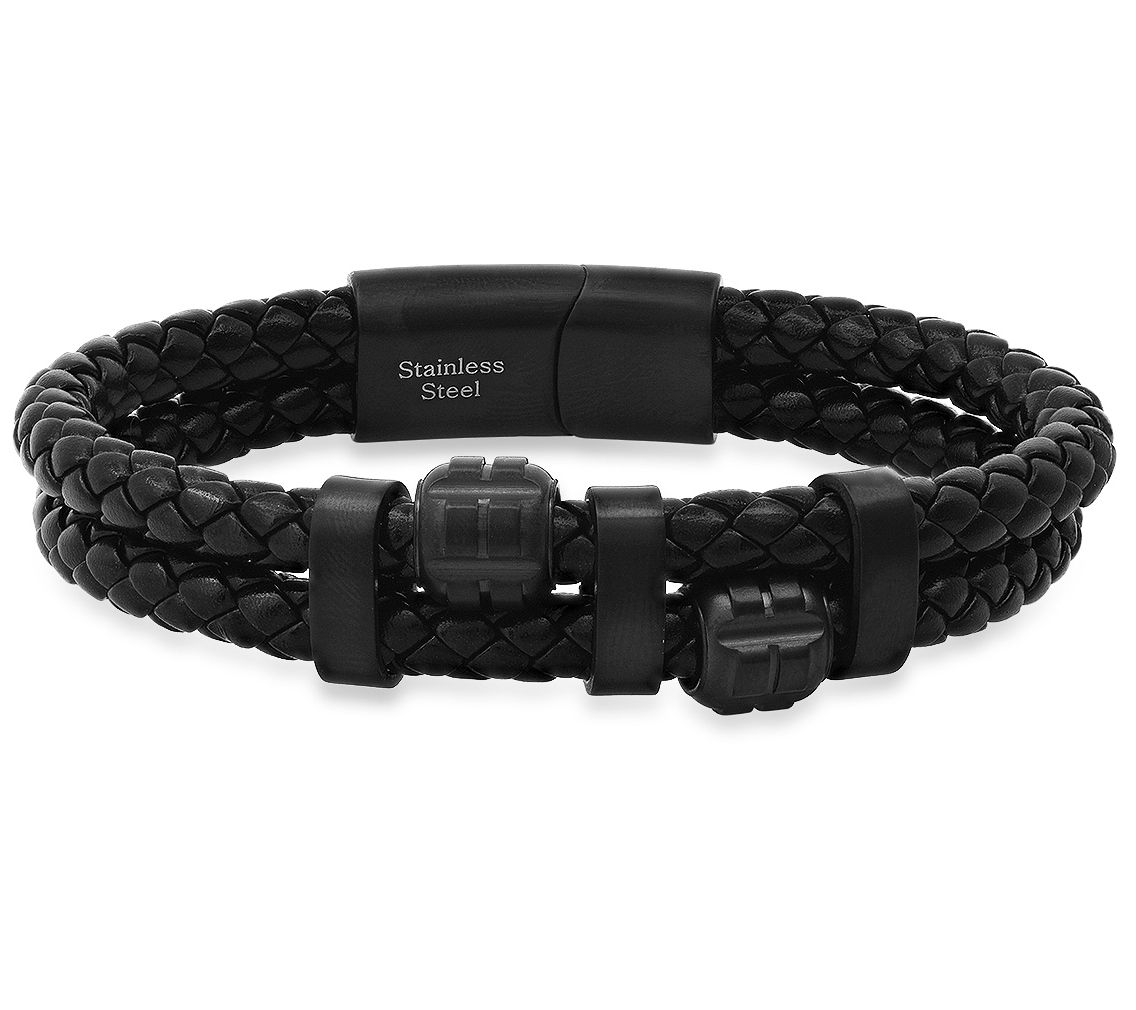 Steel by Design Men's Black Leather Br acelet