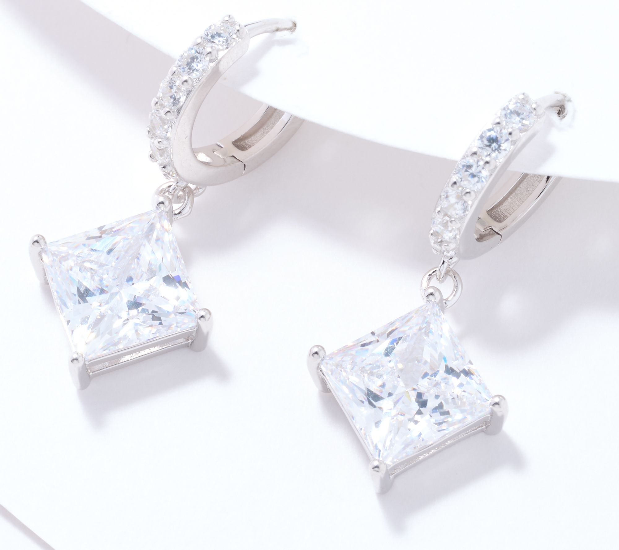 Diamonique Princess Cut Drop Huggie Earrings, Sterling Silver