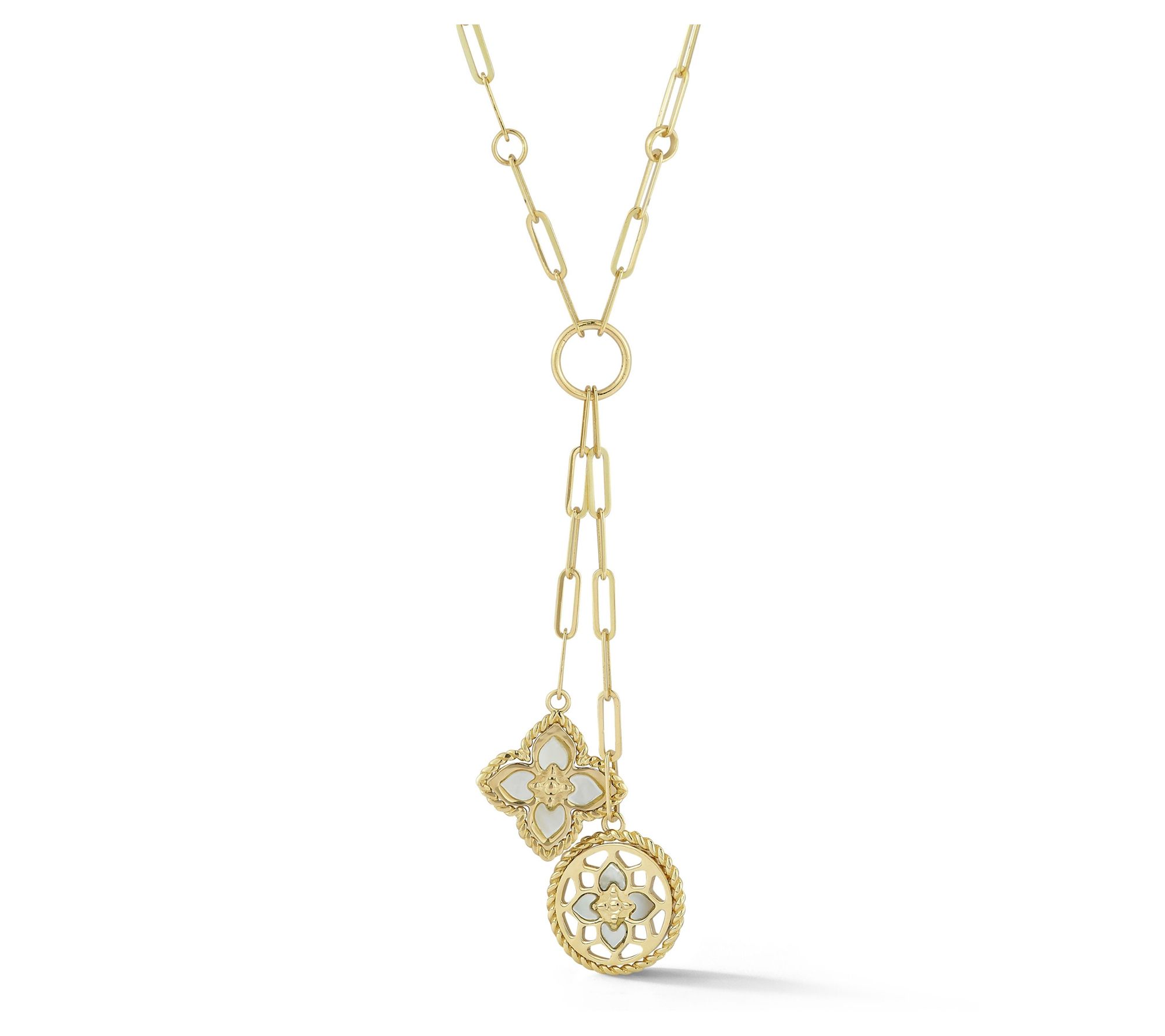 Luminosa Gold Mother of Pearl Flower Lariat Necklace, 14K
