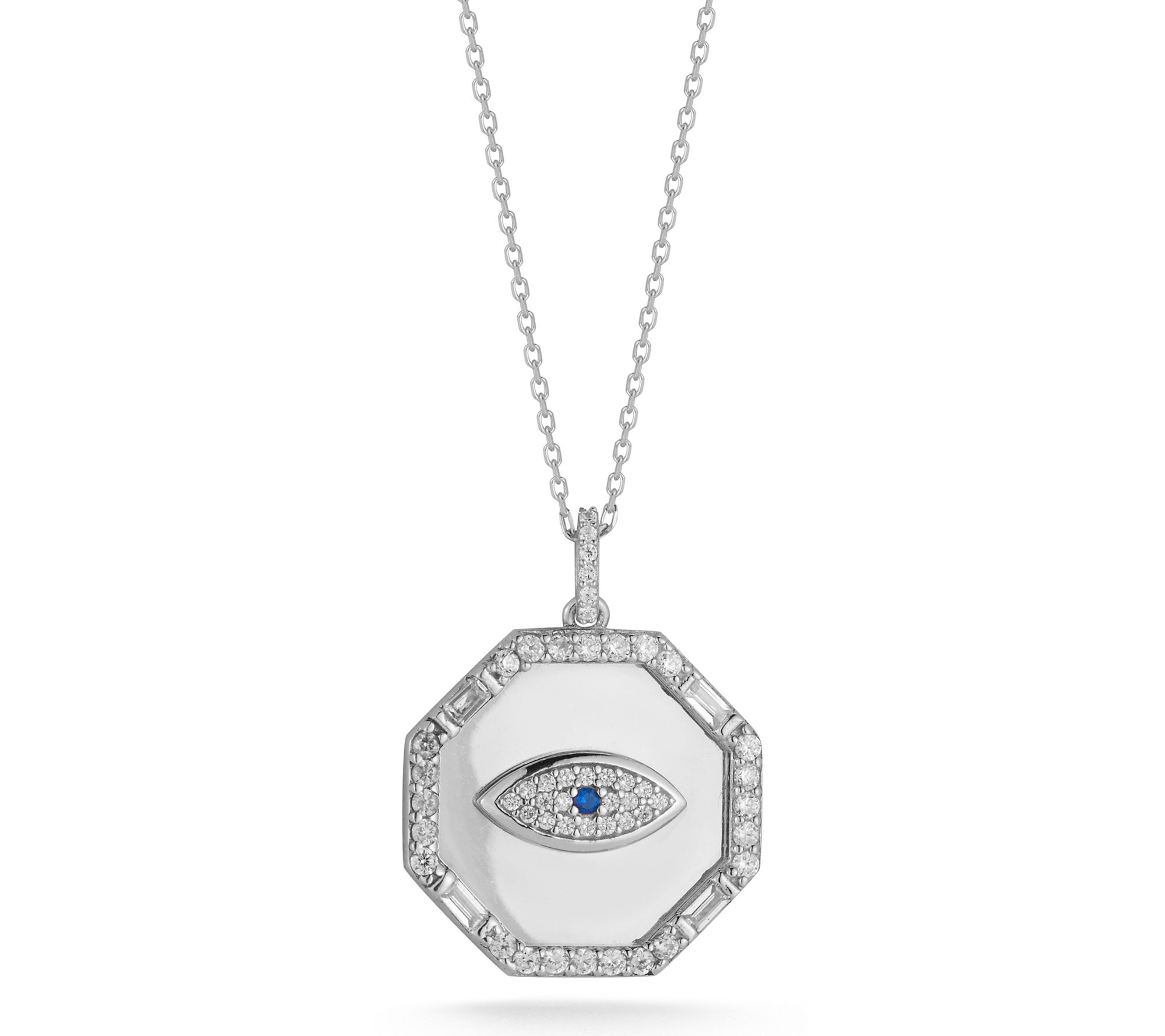 Sterlina Silver Pave Evil Eye Octagon Necklace,Sterling