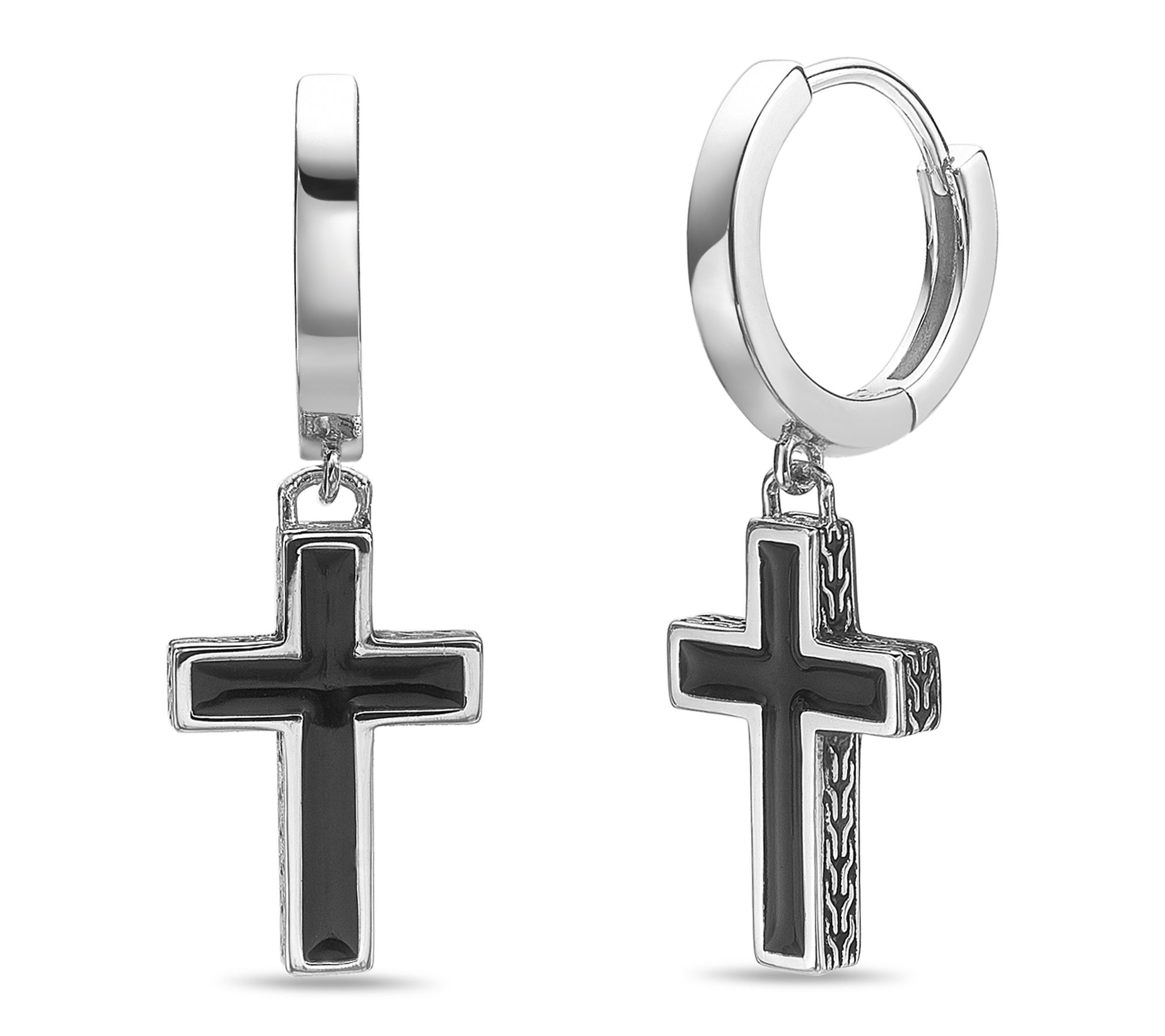 LYNX Men's Sterling Silver Black Cross Dangle Earrings