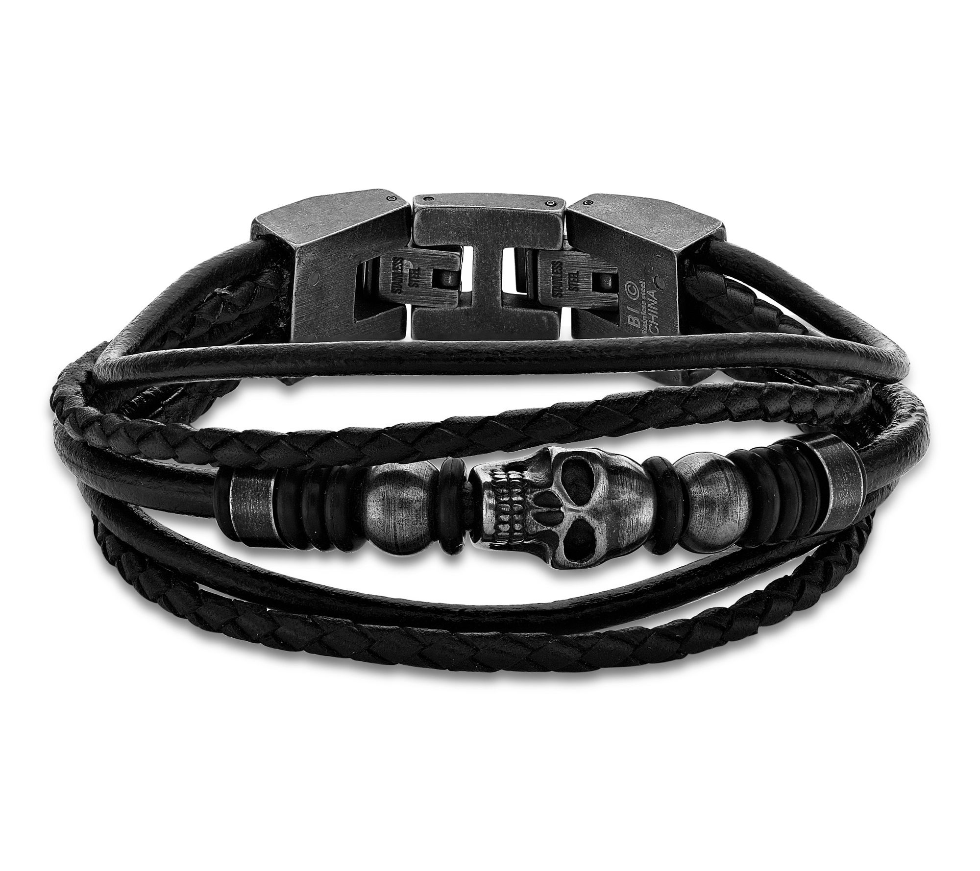 LYNX Men's Stainless Steel Black Leather SkullBracelet