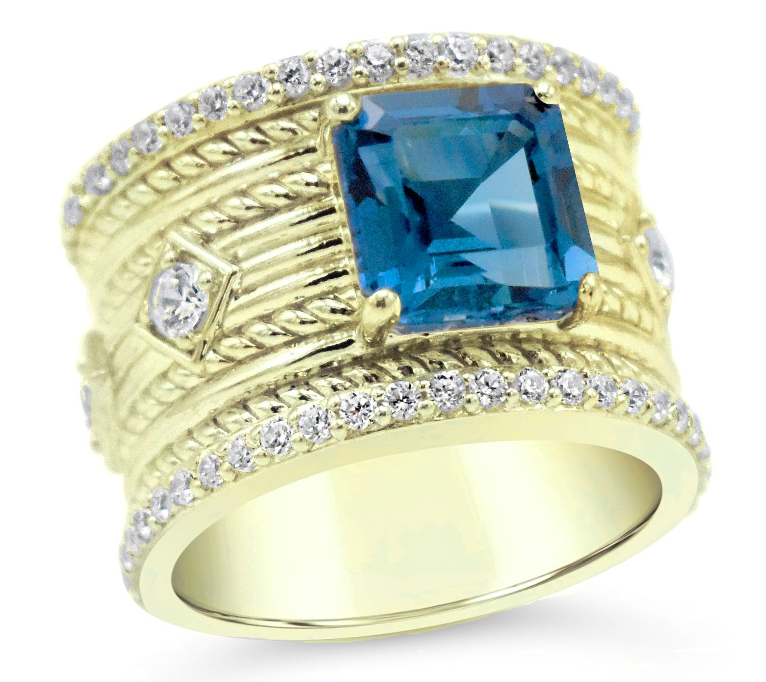 Judith Ripka 14K Gold Clad Blue Topaz & Diamoni que Ring