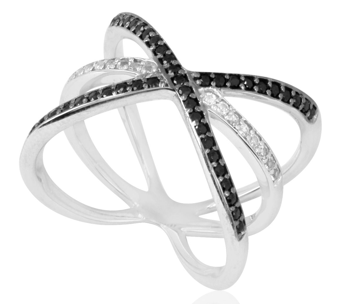 Sterling Silver Crisscross Black Spinel & White Topaz Ring