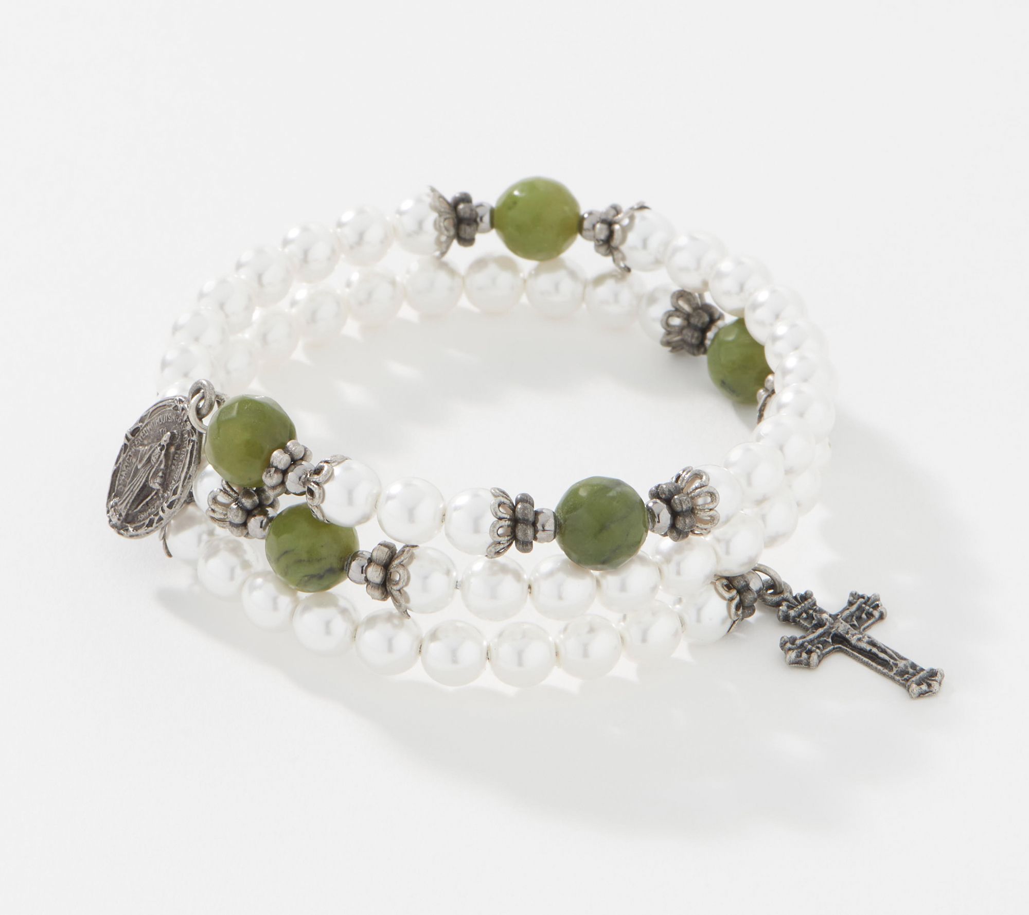 "As Is" Connemara Marble Faux Pearl Coil Rosary Bracelet