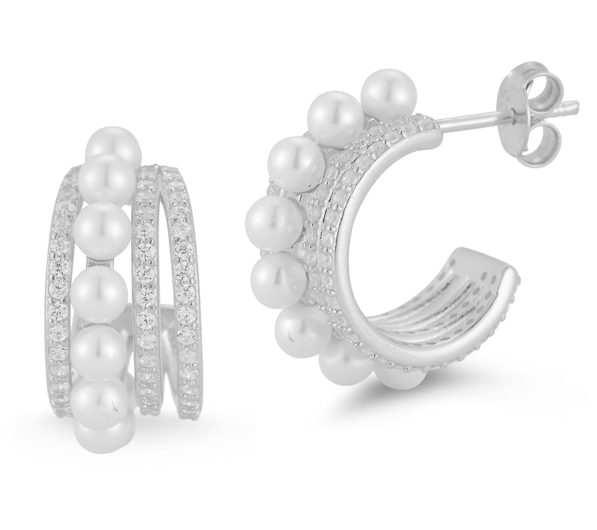 Sterlina Silver Cultured Pearl Pave Hoop Earrings, Sterling