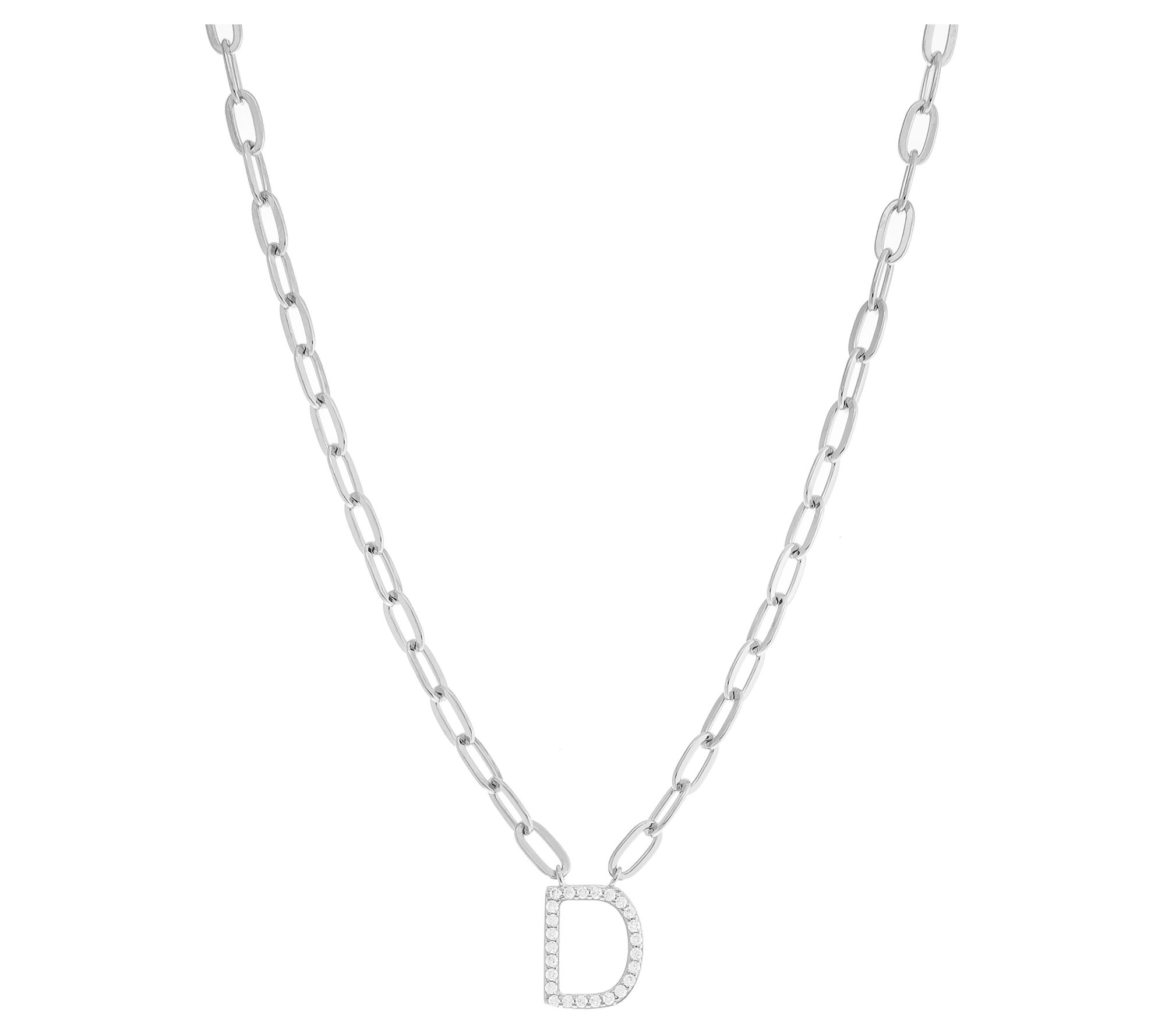 Diamonique Pave Initial Paperclip Link Necklace, Sterling