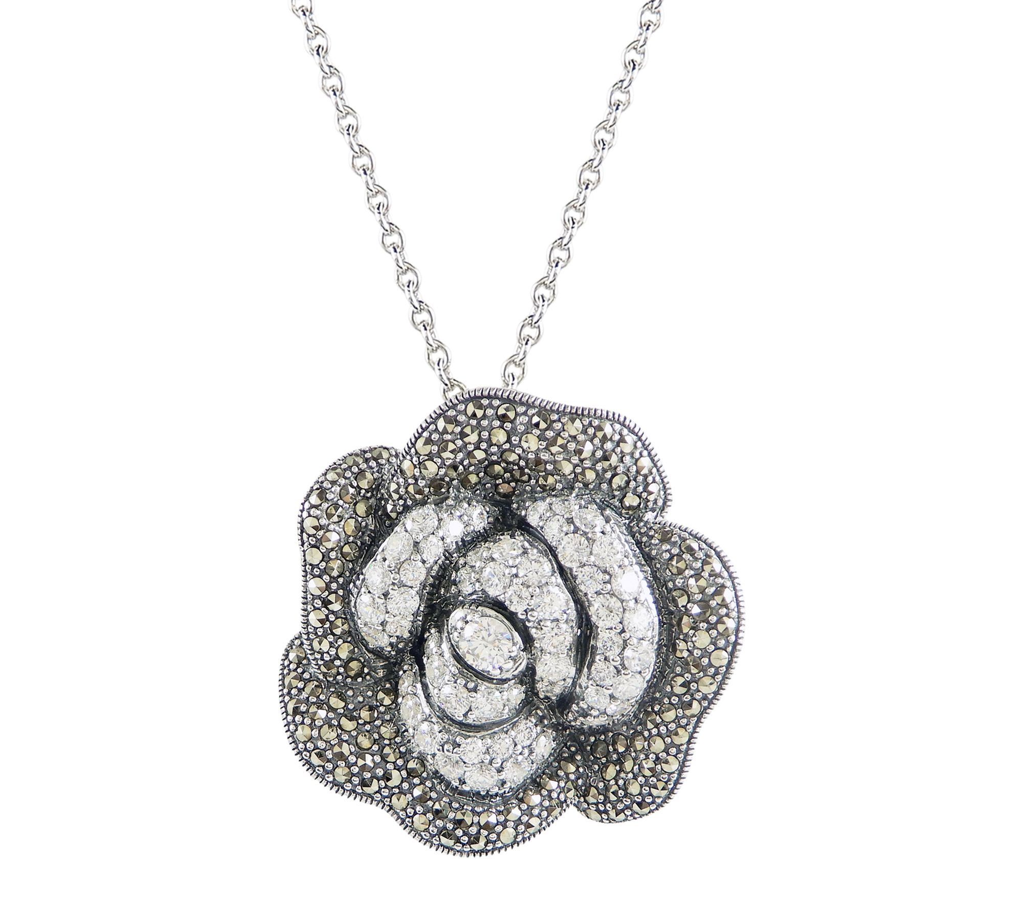 Suspicion Marcasite & Diamonique Pendant w/ Chain, Sterling