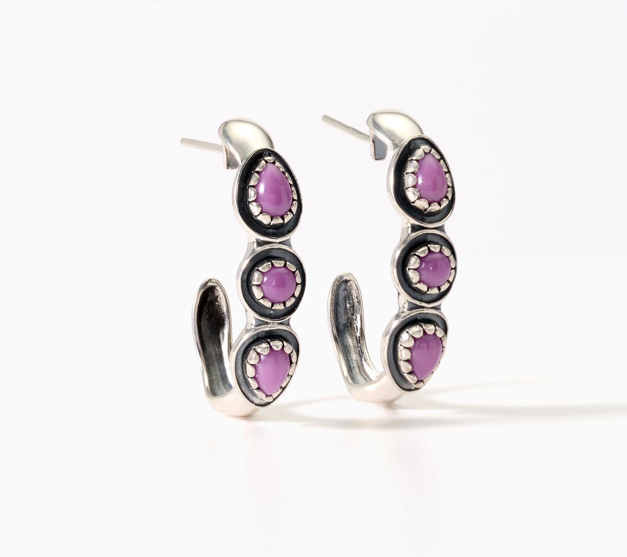 American West Sterling Silver Three Gemstone Hoop Earrings