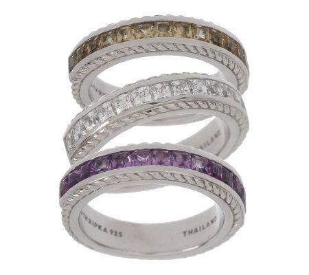 Judith Ripka Sterling Set of Three Gemstone & Diamonique Stack Rings ...