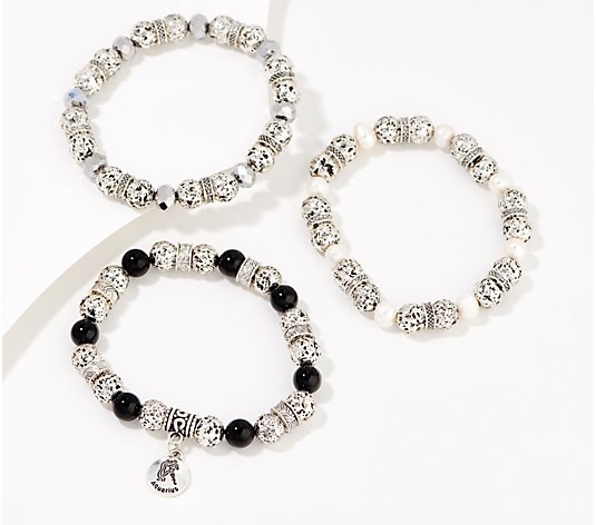Set of 3 Zodiac Lava Bracelets w/ Gemstones & Charm in Organza Bag