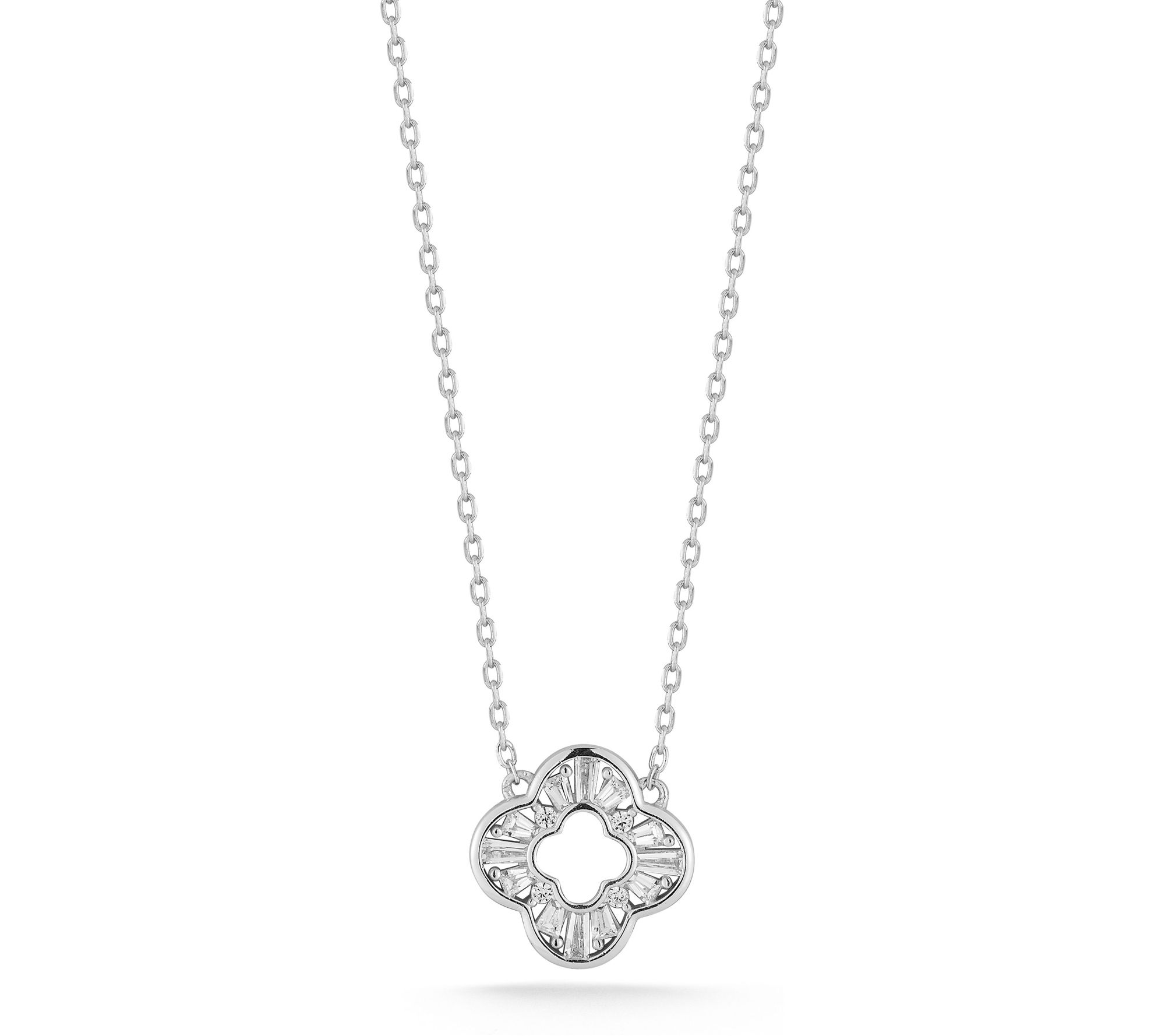 Sterlina Silver Pave Open Work Clover Necklace,Sterling