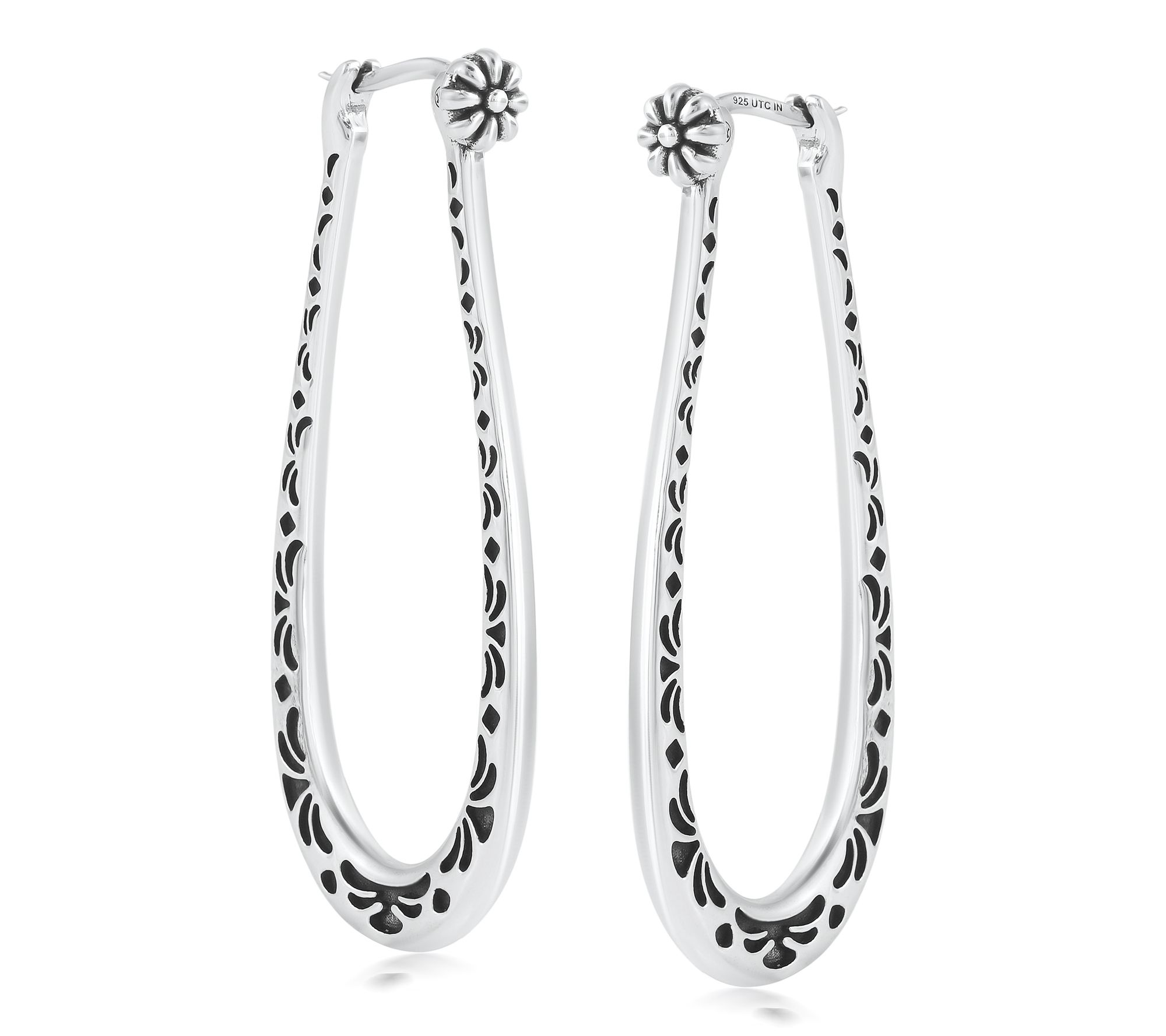 American West Sterling Elongated Oval Etched  Hoop Earrings