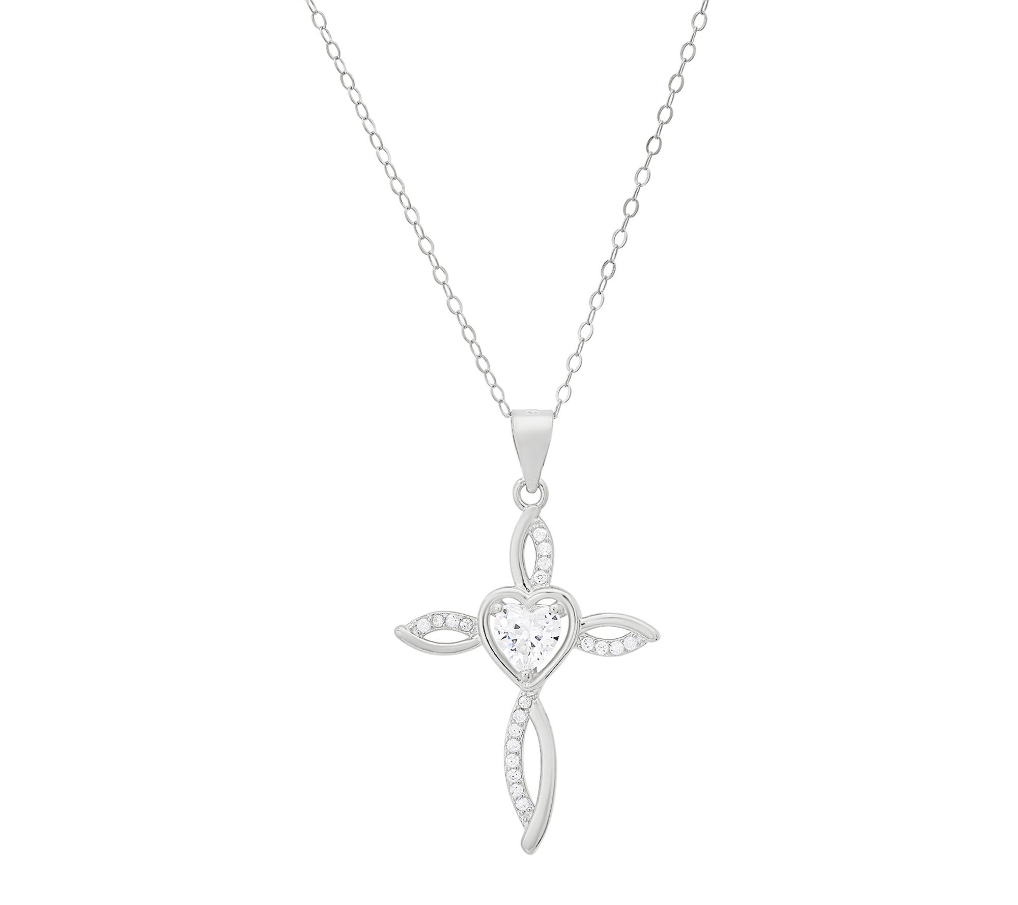 Diamonique Heart Swirling Cross Pendant w/ Chain, Sterling