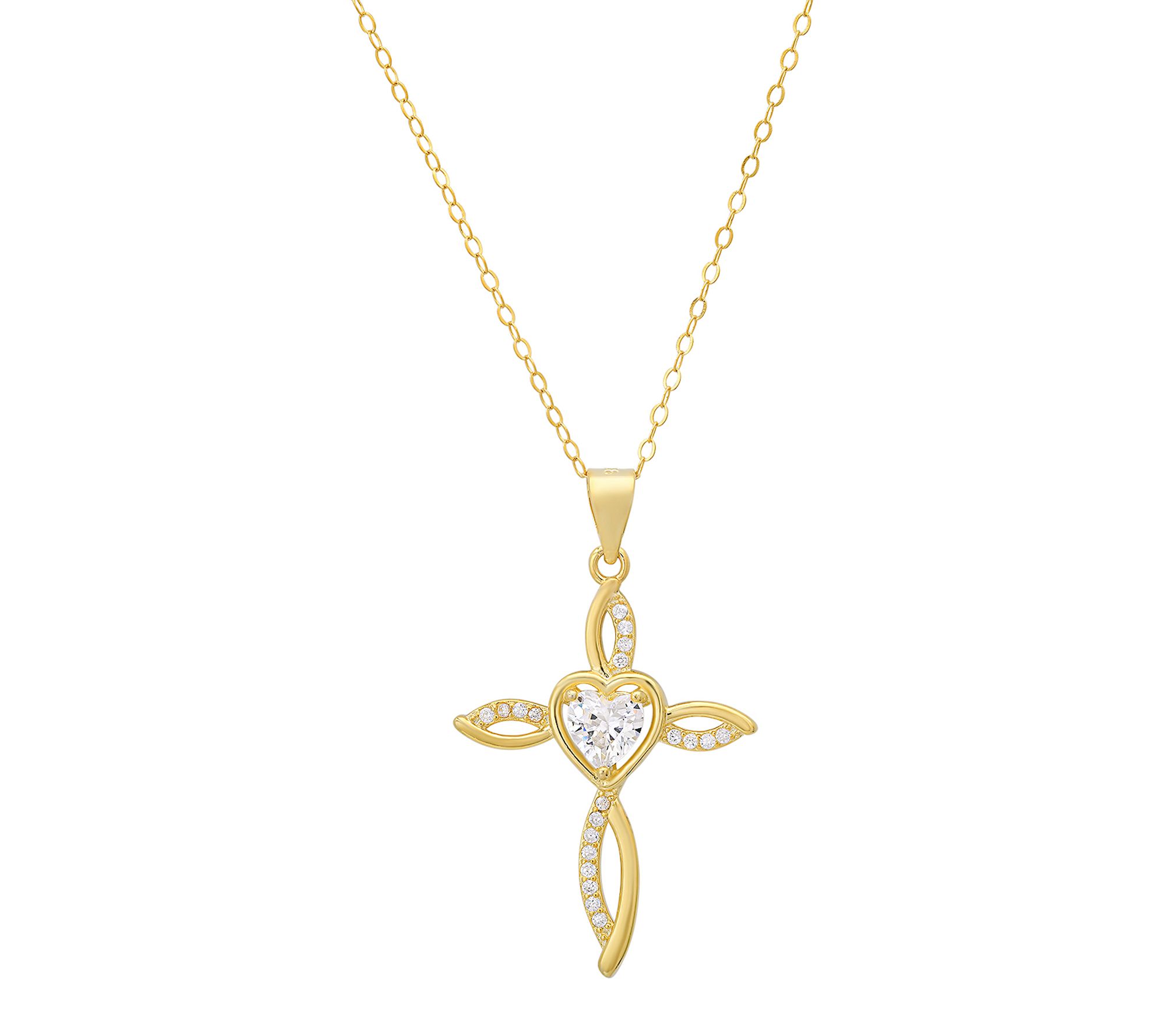 Diamonique Heart Swirling Cross Pendant w/ Chain, Sterling