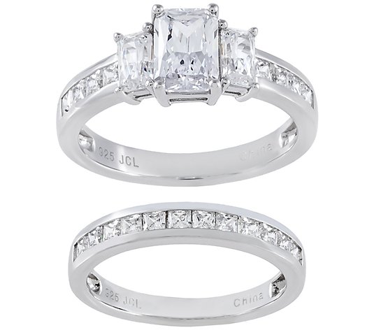 Diamonique 3.90 cttw Emerald-Cut Bridal Ring Set, Sterling