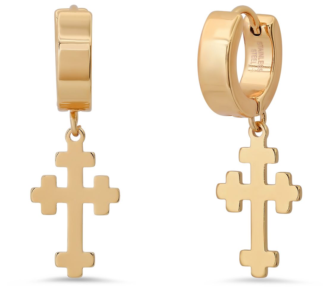 Steel By Design Stainless Steel Cross Huggie Da ngle Earrings