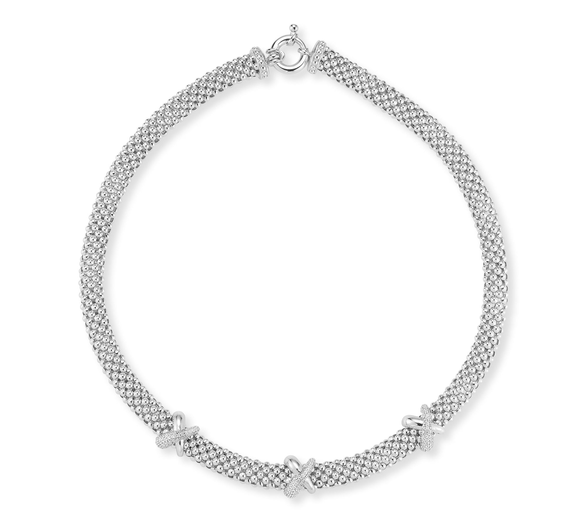 Italian Silver Pave X Station Popcorn Chain Necklace, Sterling