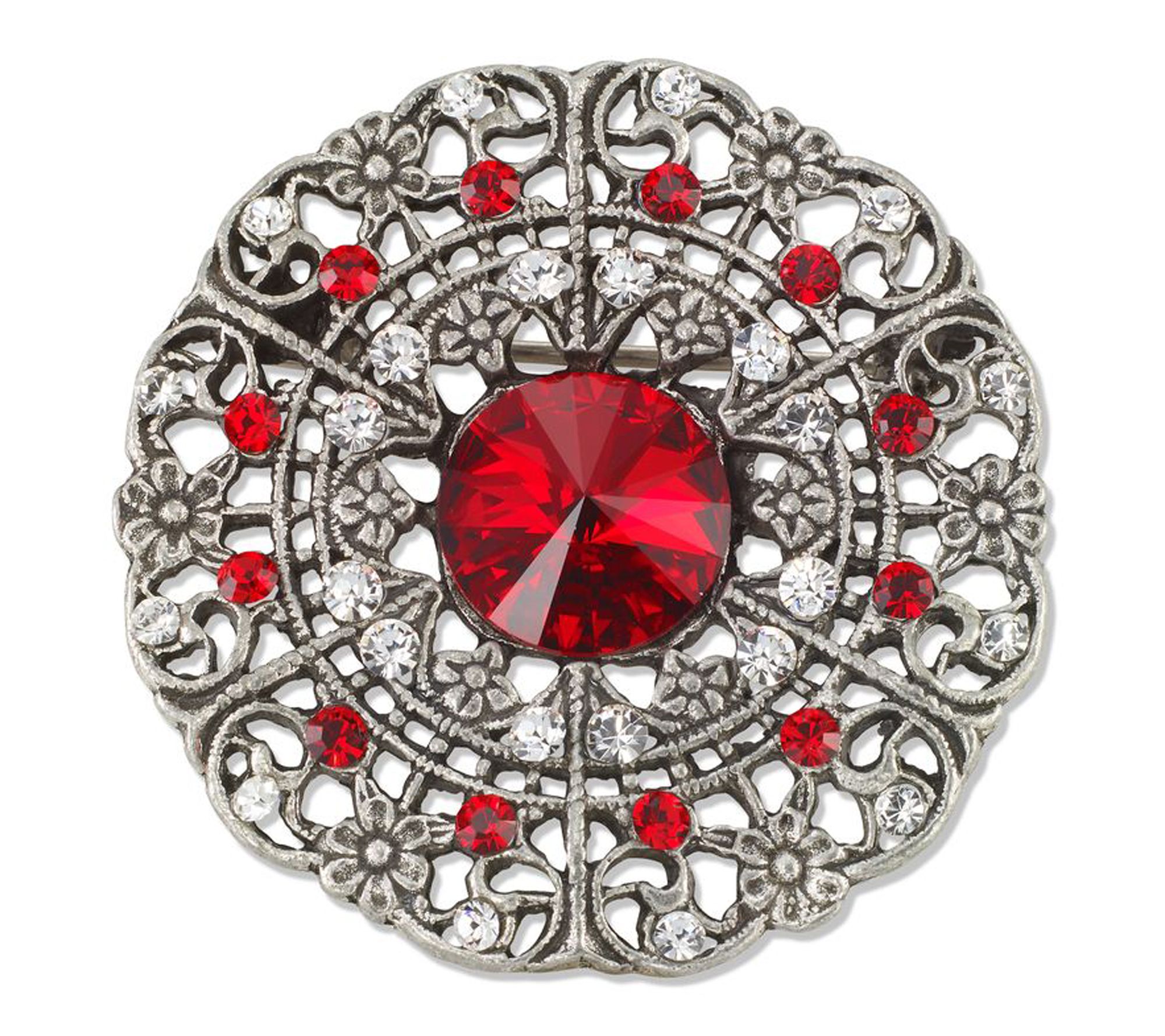 Anne Koplik Edwardian Round Filigree Red Crystal Pin