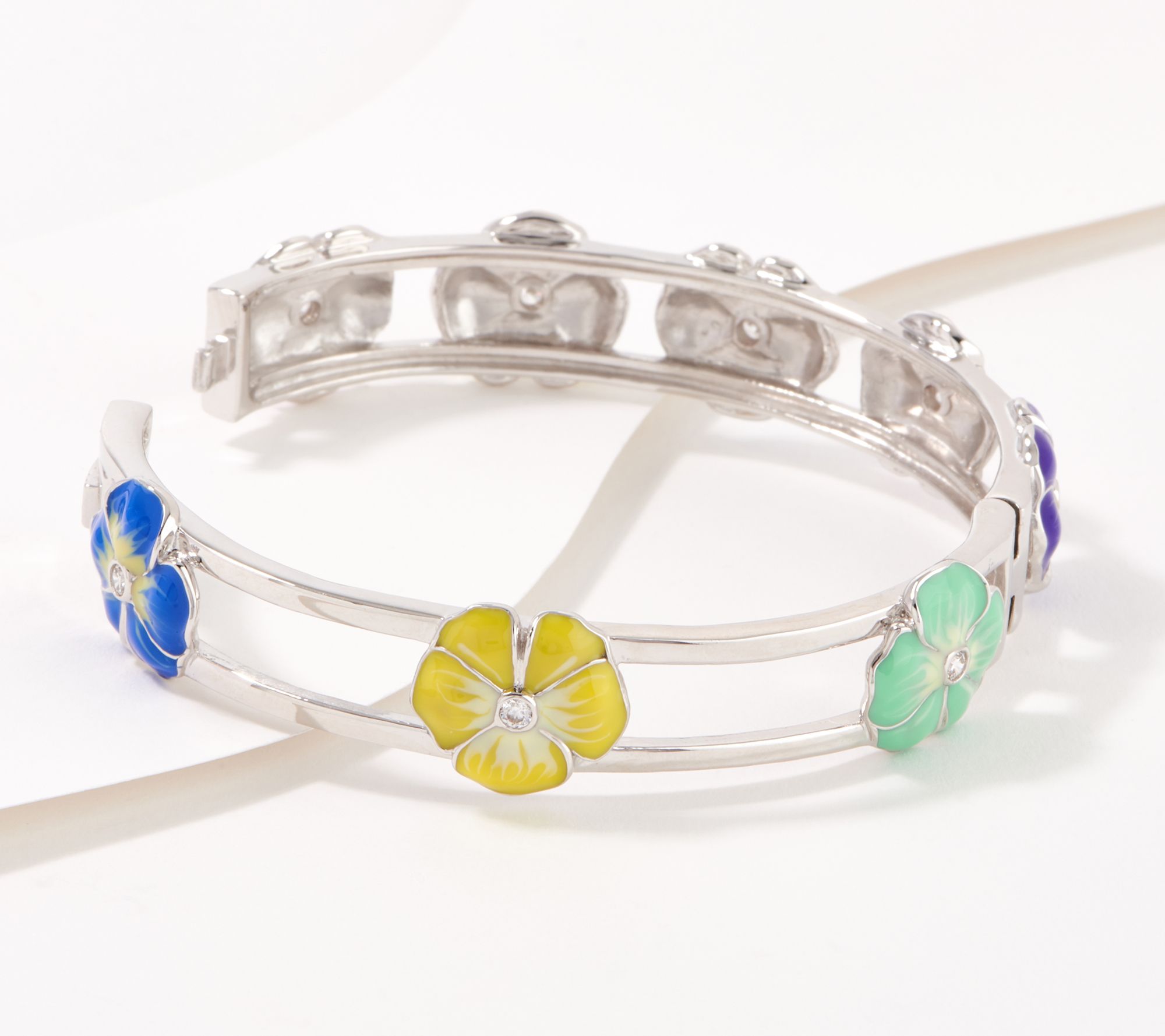 Diamonique Pansy Enamel Hinge Bangle Bracelet, Sterling Silver