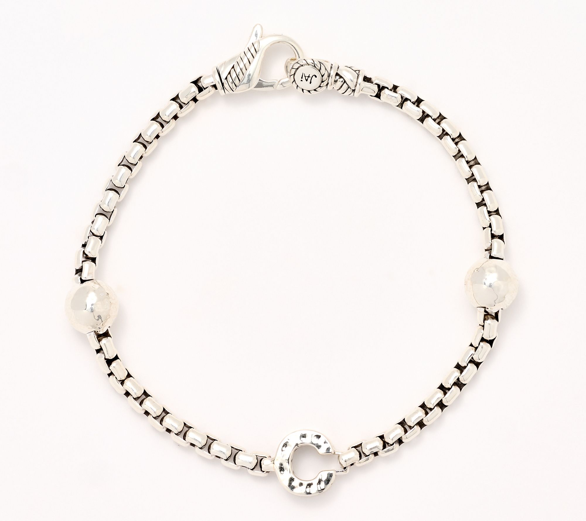 JAI Sterling Silver Initial & Bead 3.7mm Box Chain Bracelet, 11.8g