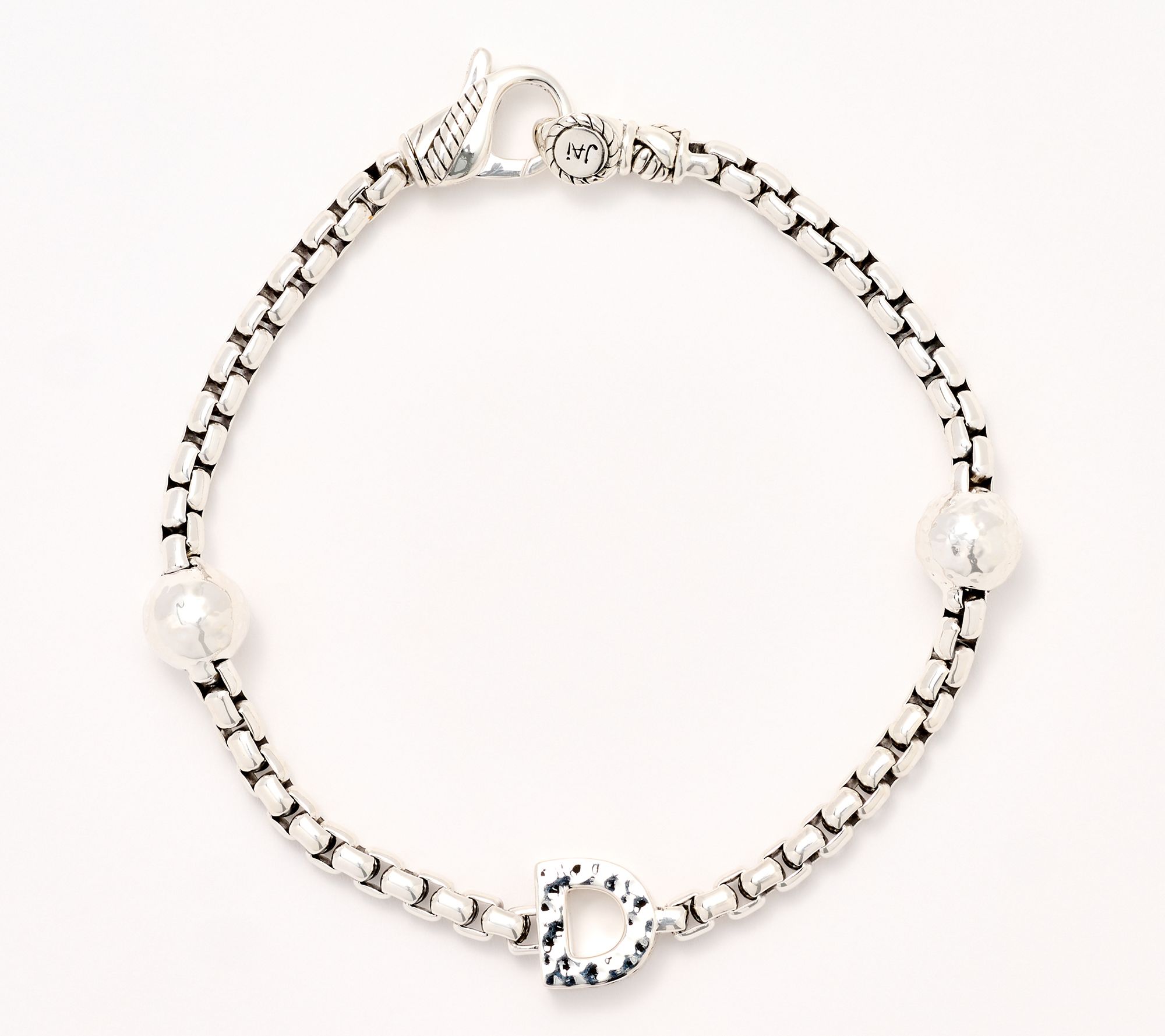JAI Sterling Silver Initial & Bead 3.7mm Box Chain Bracelet, 11.8g