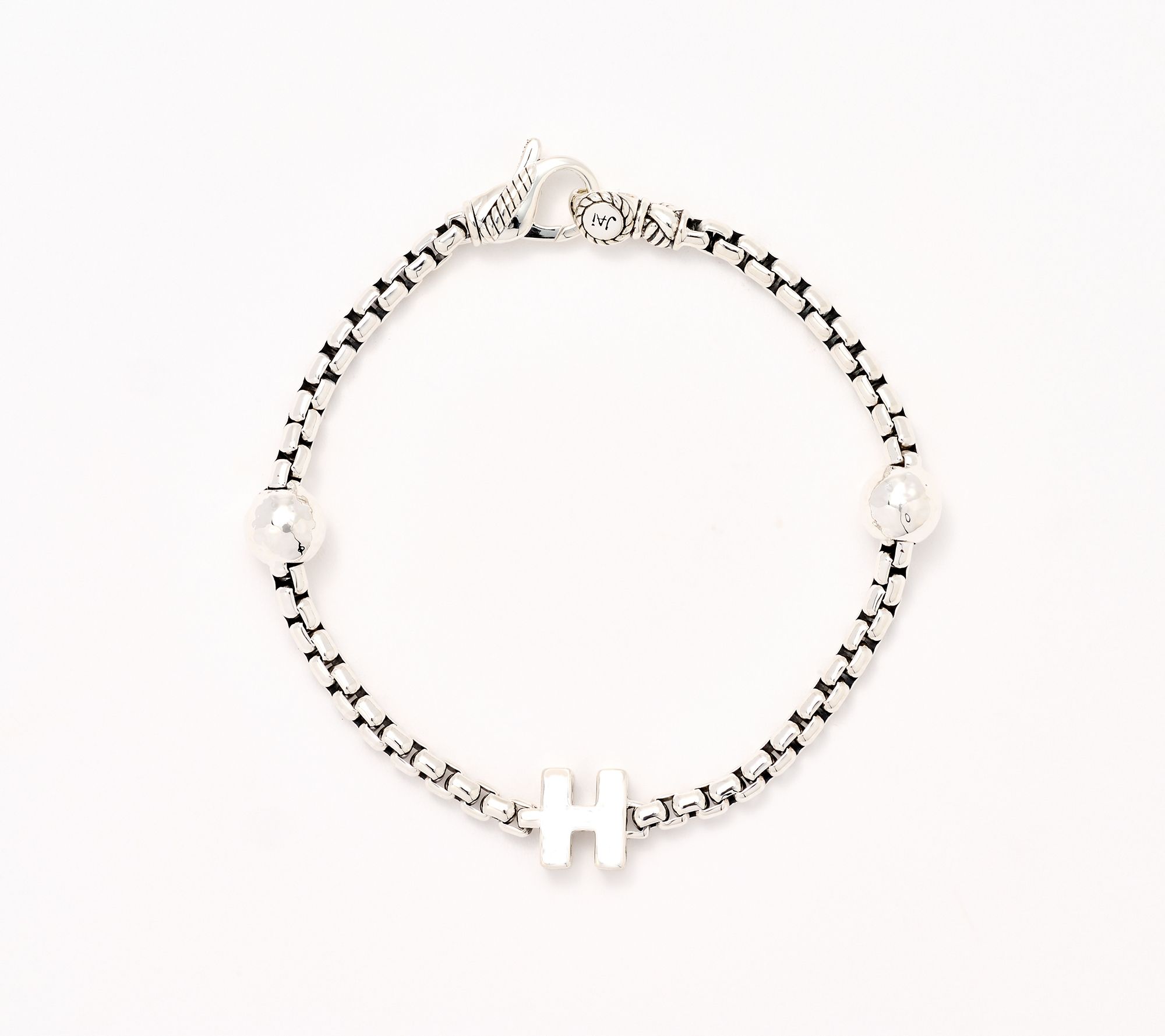 JAI Sterling Silver Initial & Bead 3.7mm Box Chain Bracelet, 11.8g