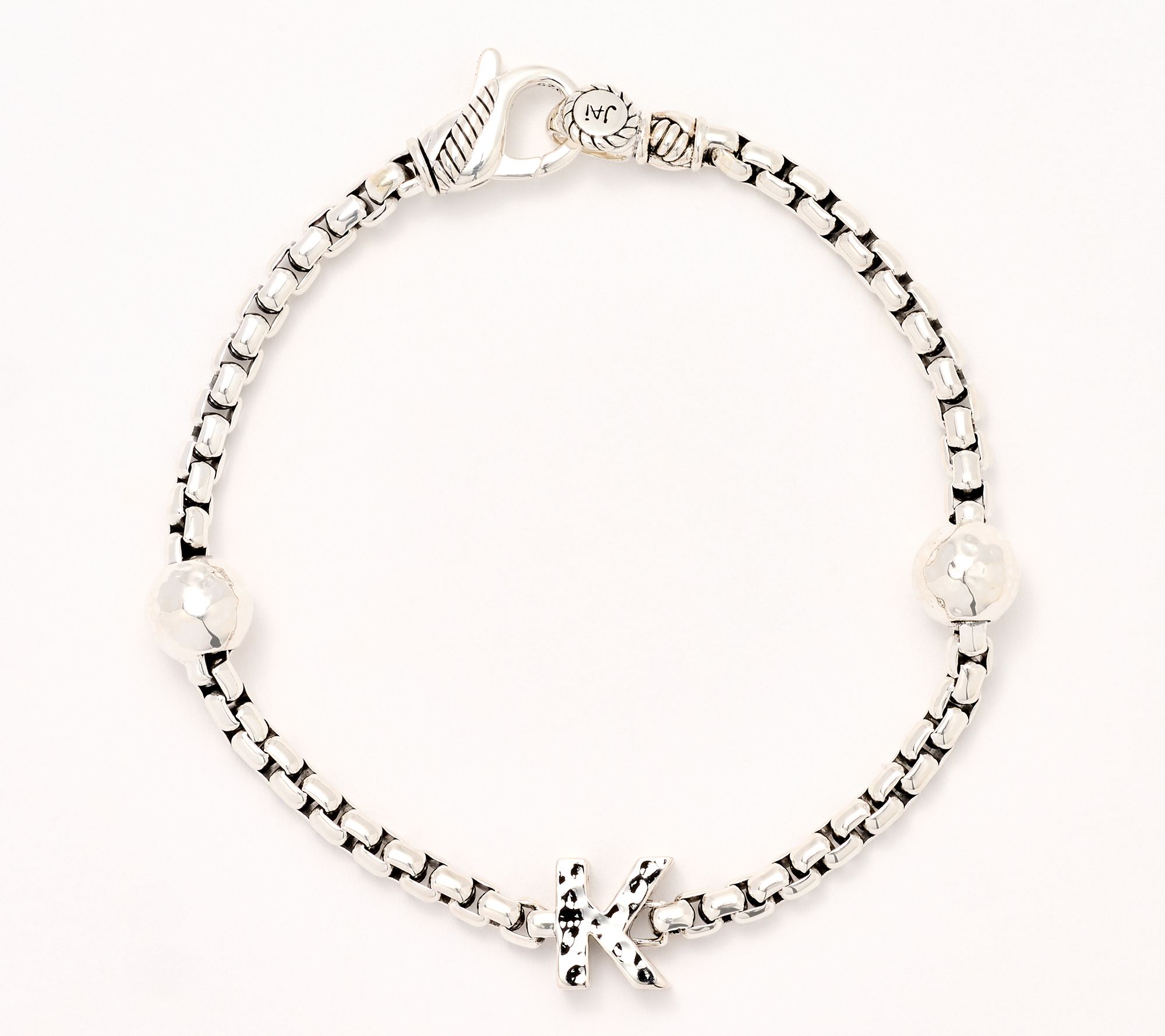 JAI Sterling Silver Initial & Bead 3.7mm Box Chain Bracelet, 11.8g