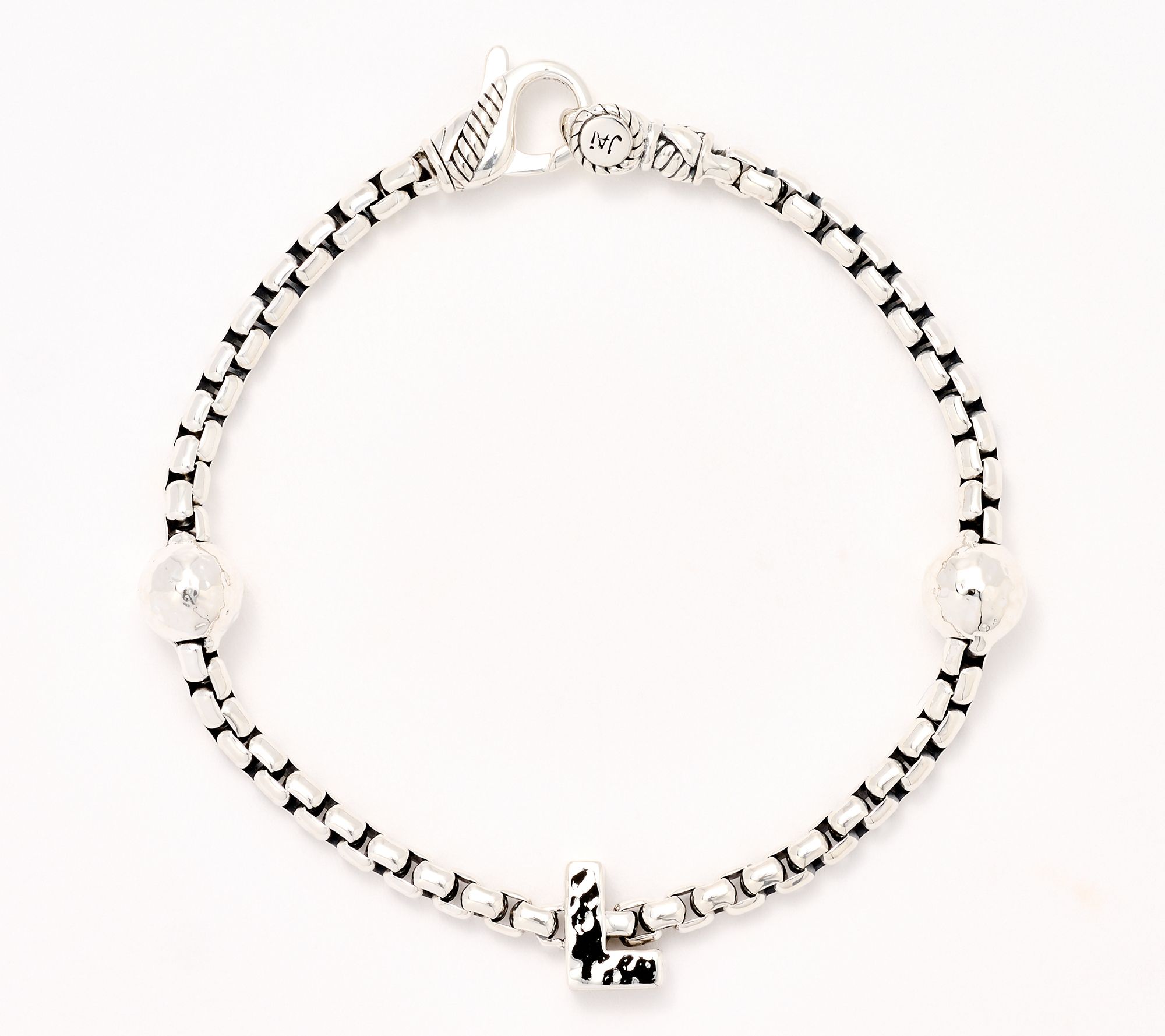JAI Sterling Silver Initial & Bead 3.7mm Box Chain Bracelet, 11.8g