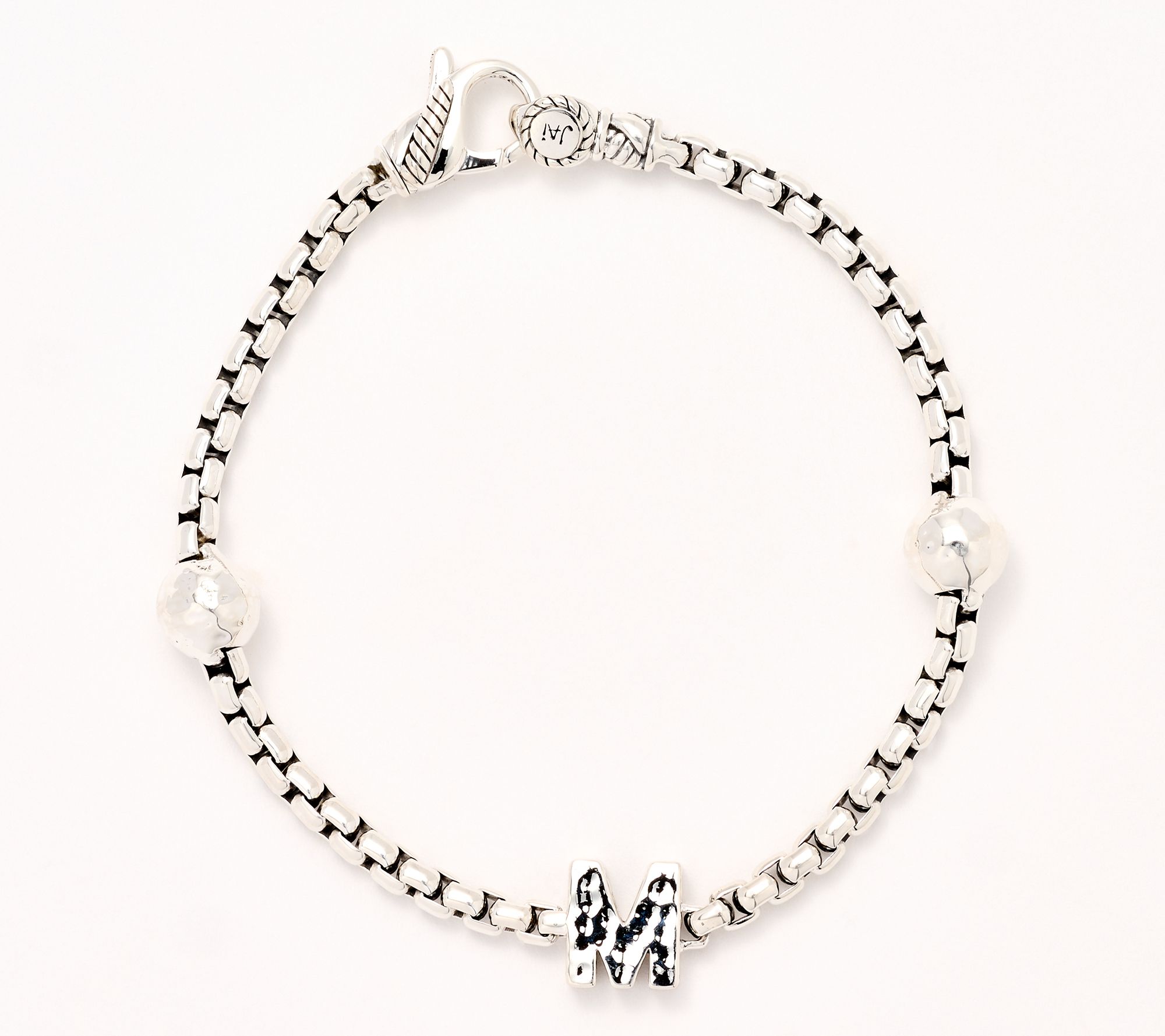 JAI Sterling Silver Initial & Bead 3.7mm Box Chain Bracelet, 11.8g