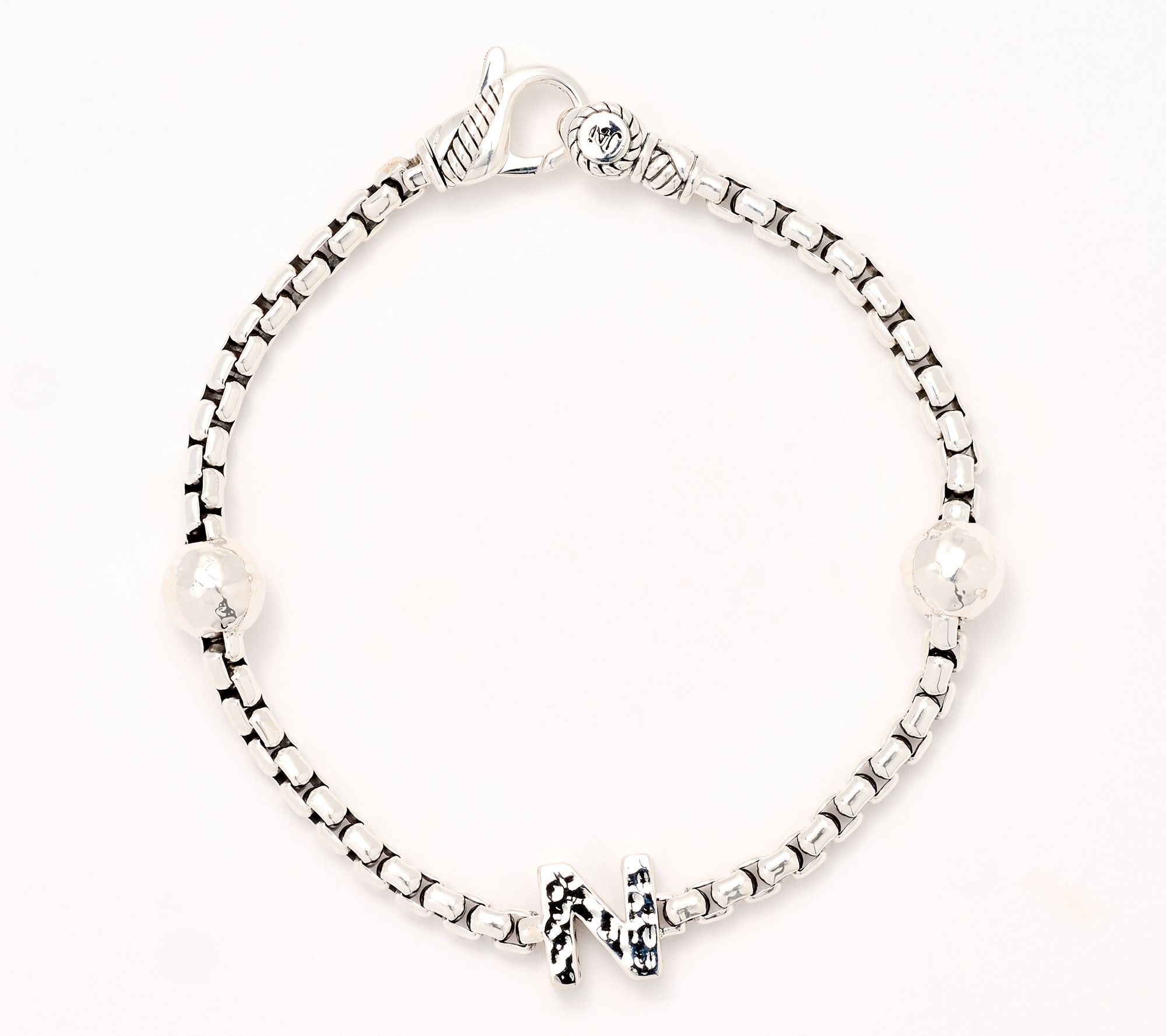 JAI Sterling Silver Initial & Bead 3.7mm Box Chain Bracelet, 11.8g