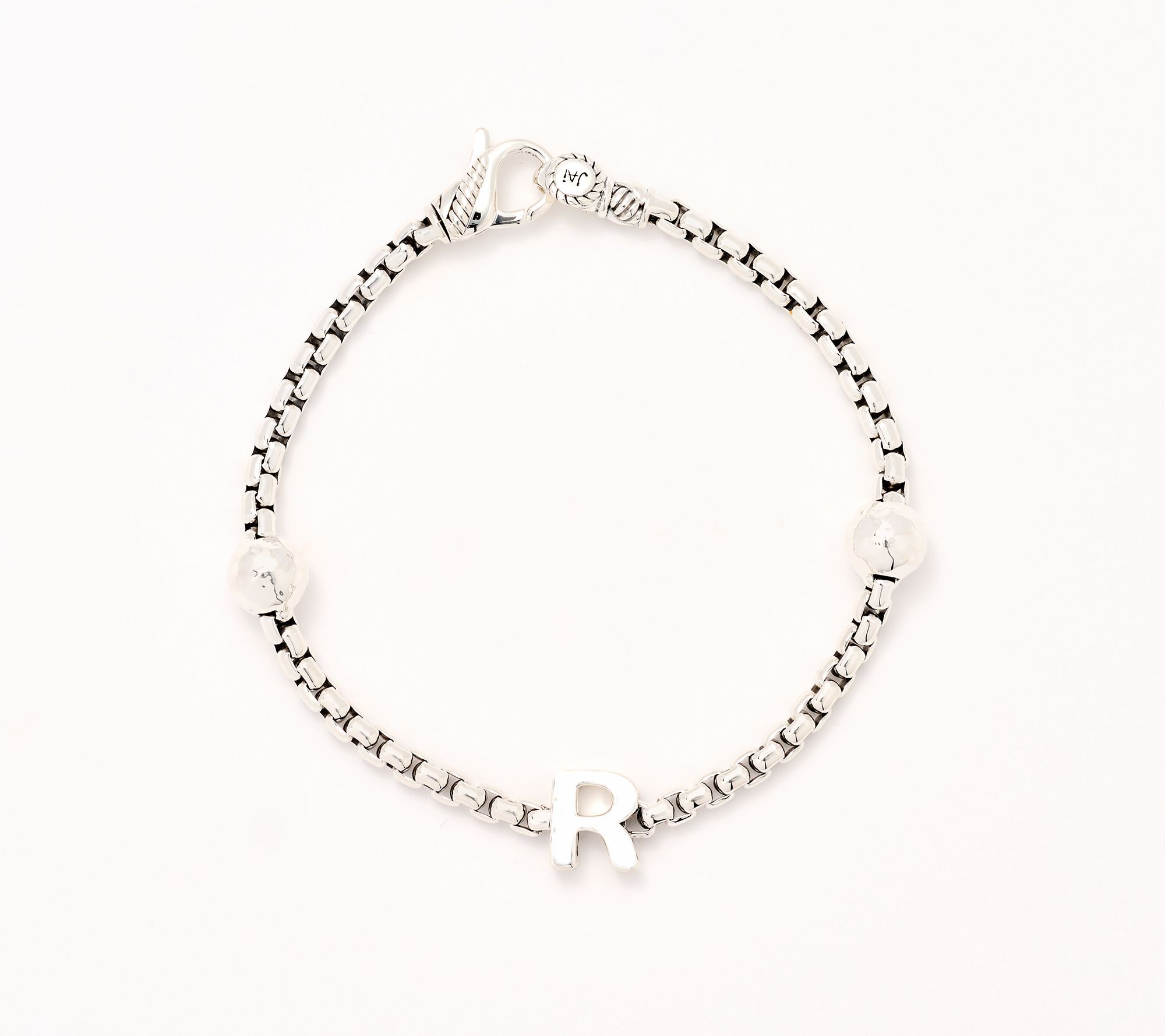 JAI Sterling Silver Initial & Bead 3.7mm Box Chain Bracelet, 11.8g