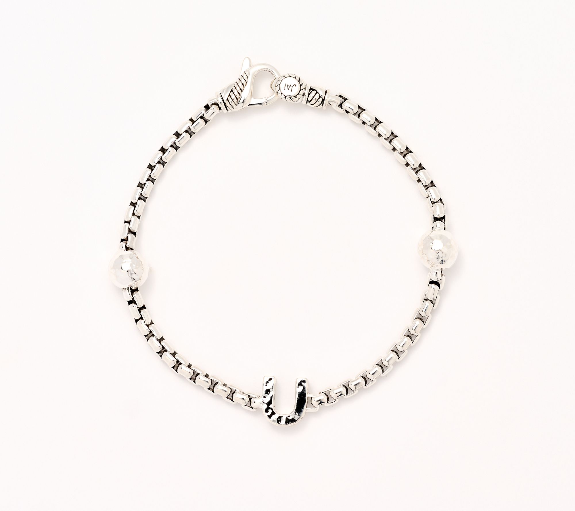 JAI Sterling Silver Initial & Bead 3.7mm Box Chain Bracelet, 11.8g