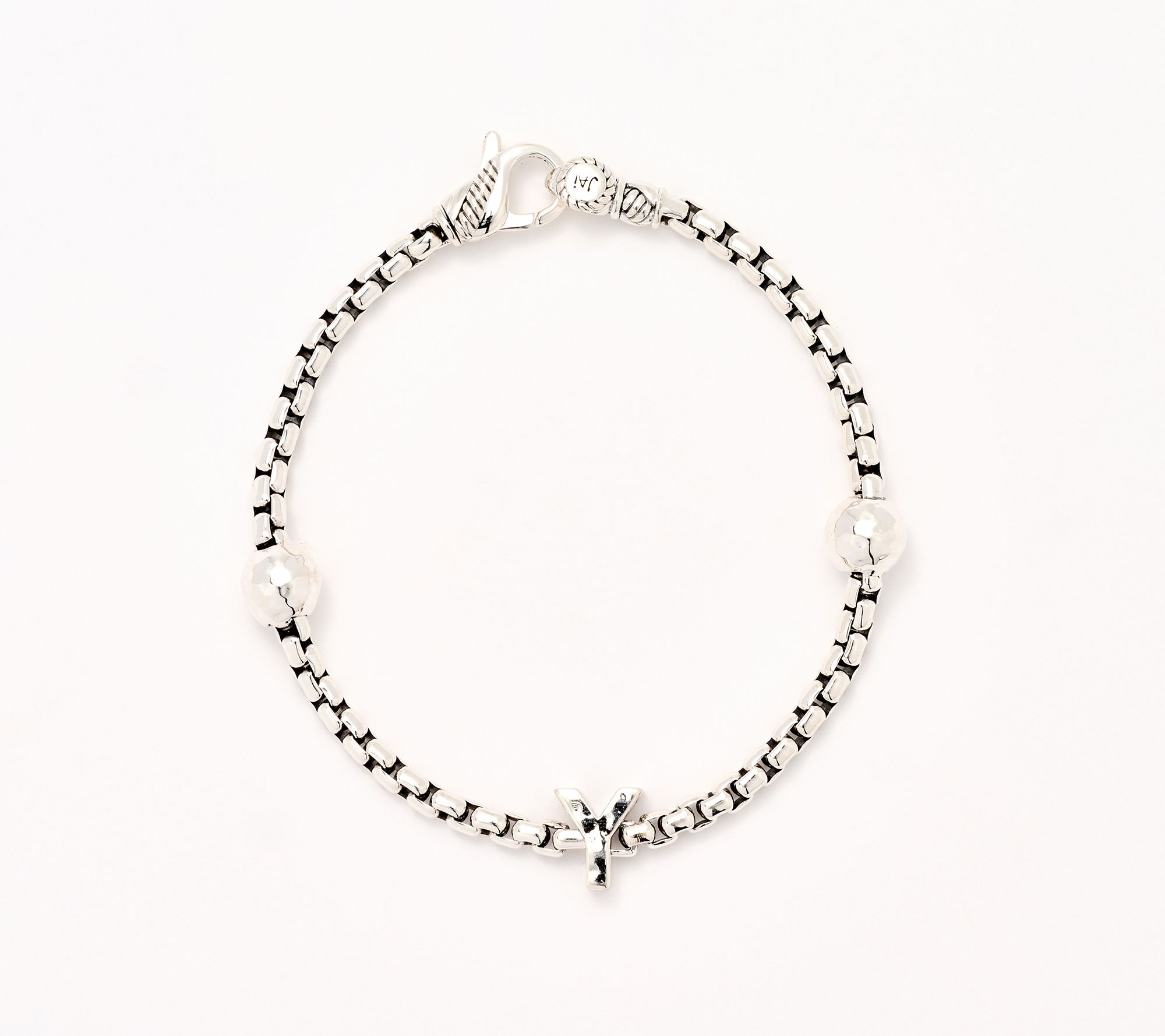 JAI Sterling Silver Initial & Bead 3.7mm Box Chain Bracelet, 11.8g