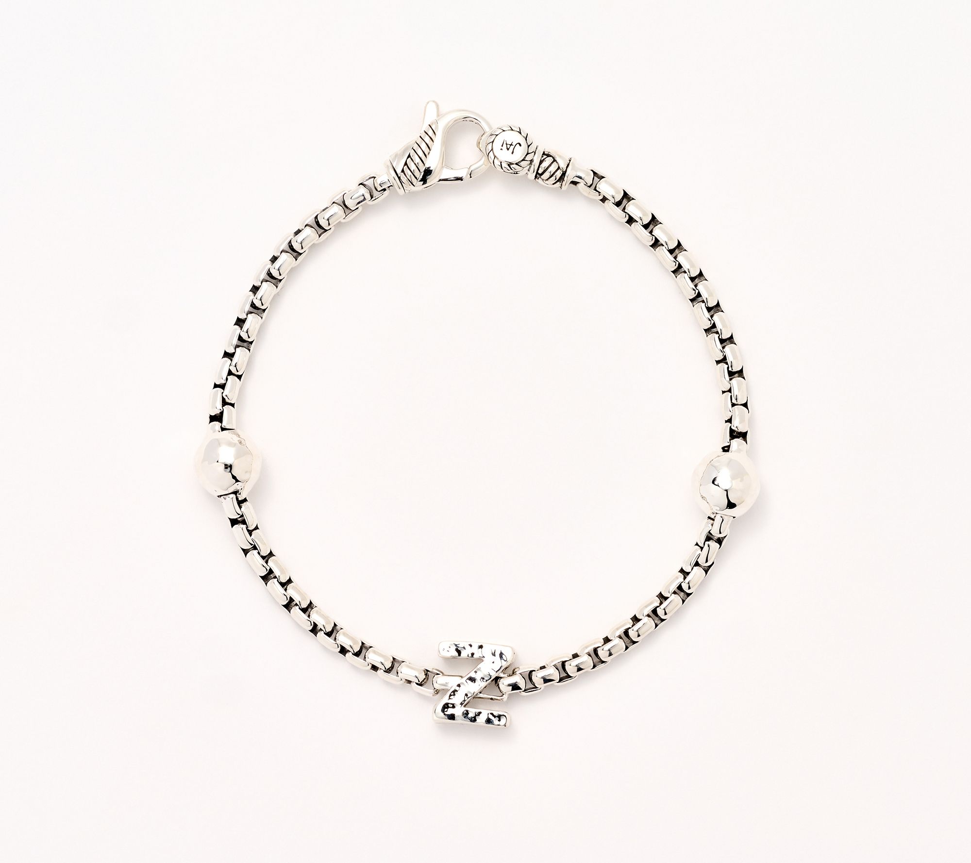 JAI Sterling Silver Initial & Bead 3.7mm Box Chain Bracelet, 11.8g