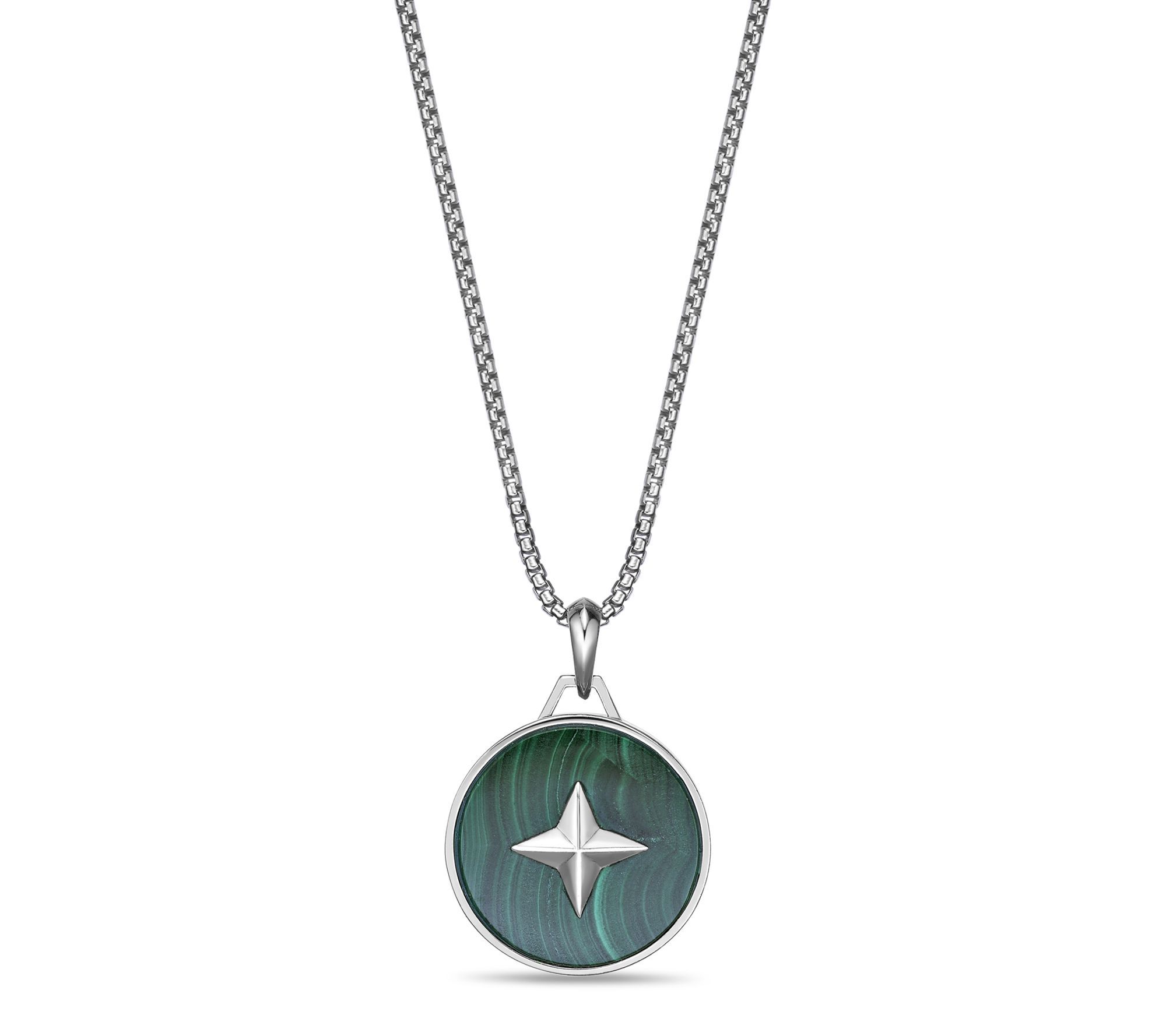 LYNX Men's Sterling Silver Malachite Compass Pendant w/ Chain