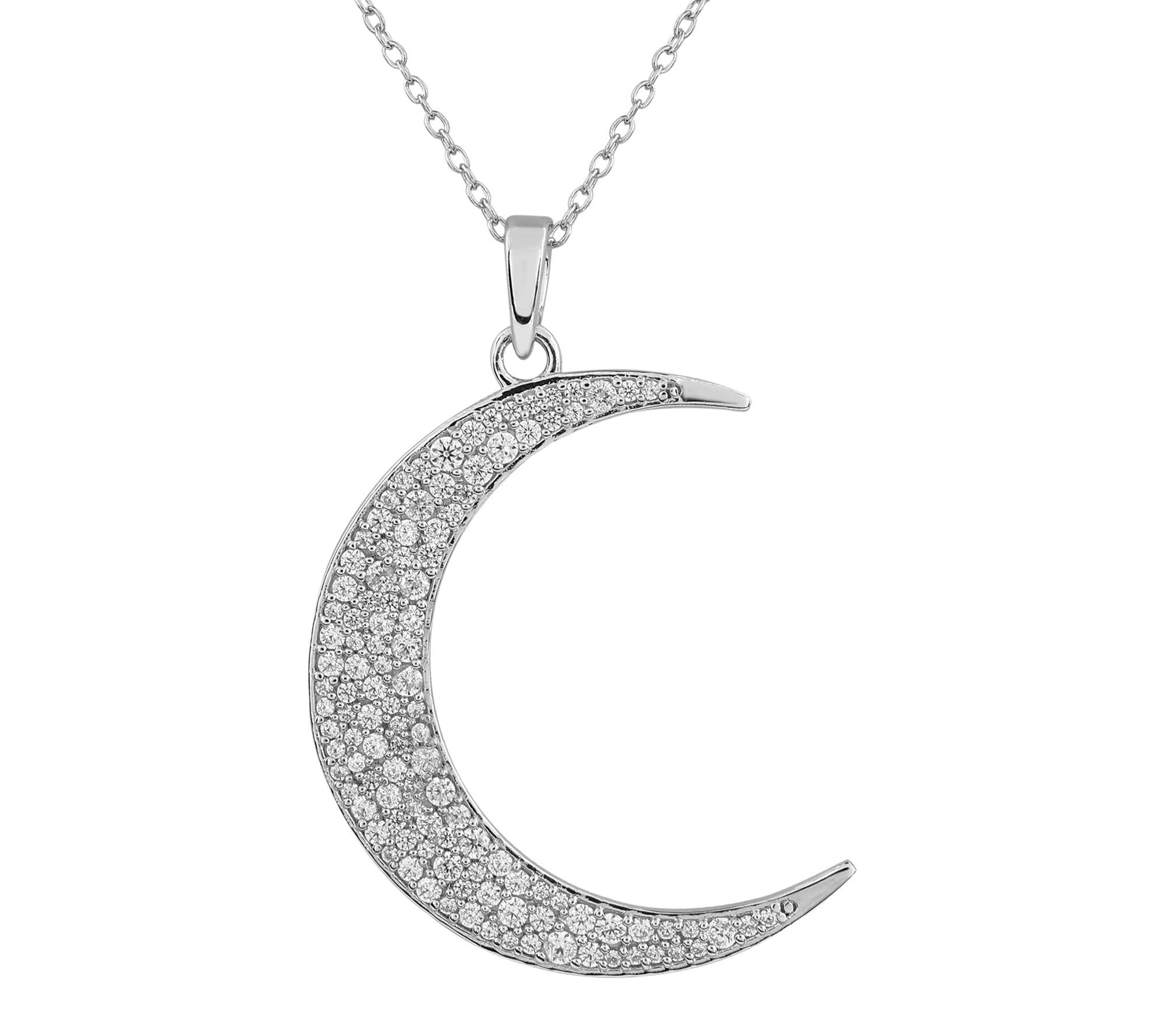 Diamonique Pave Moon Pendant w/ Chain, Sterling Silver