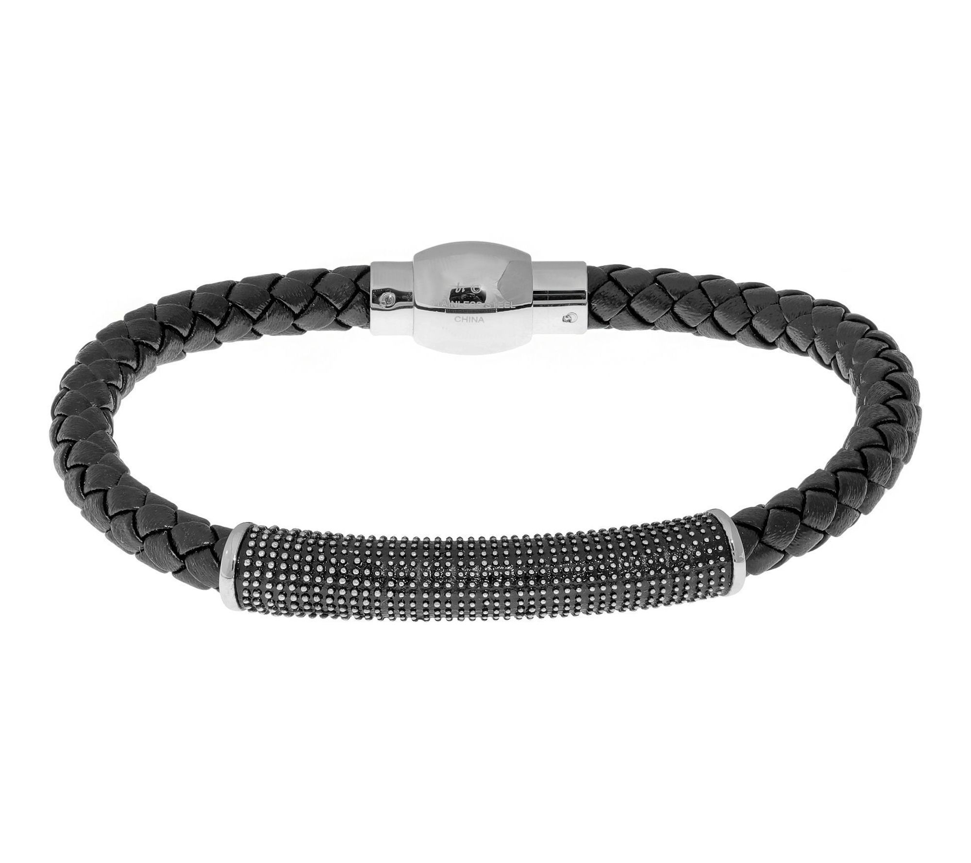 LYNX Men's Stainless Steel Black IP Leather Bracelet