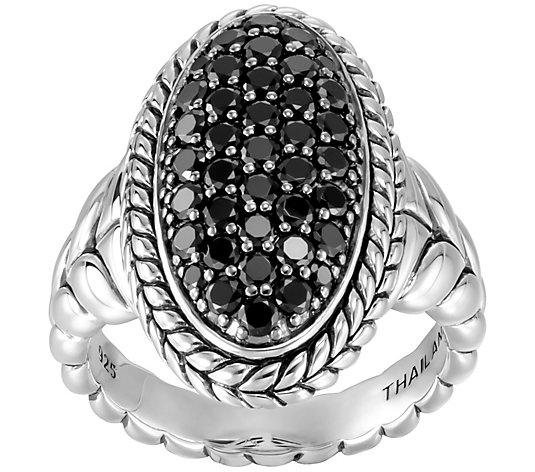 JAI Sterling Silver Basketweave Design Black Spinel Ring