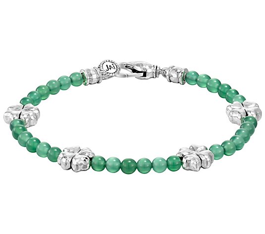 JAI Sterling Silver Green Agate Bead Clover Bracelet