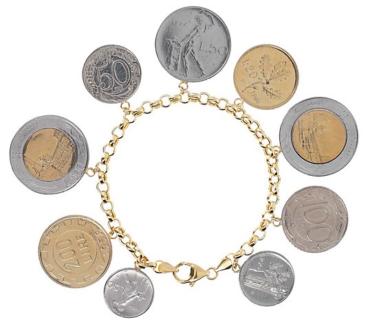 Italian Gold 7" Lire Coin Charm Bracelet, 1 4K