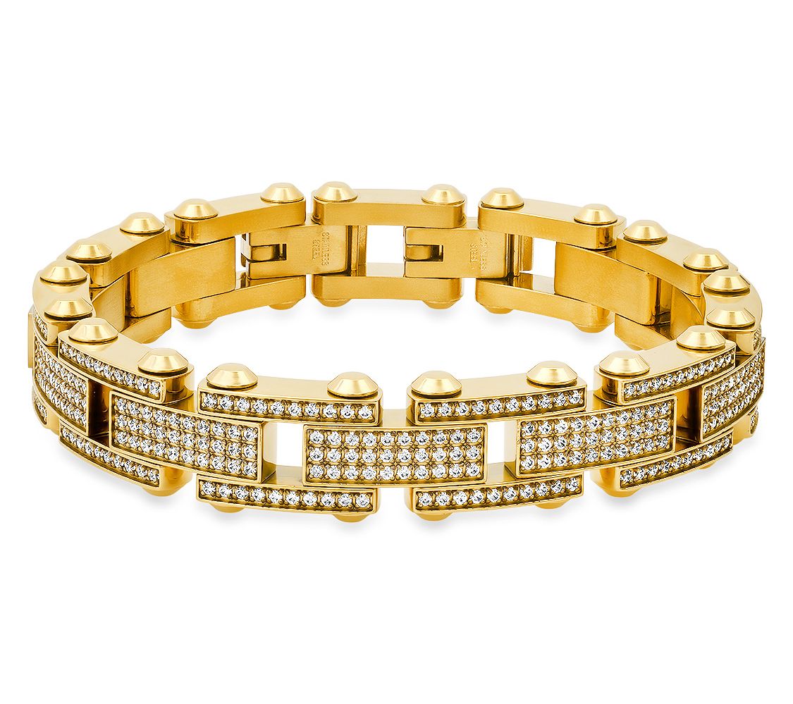 Steel By Design Men's Stainless Pave Link Bracelet, 14K Plated