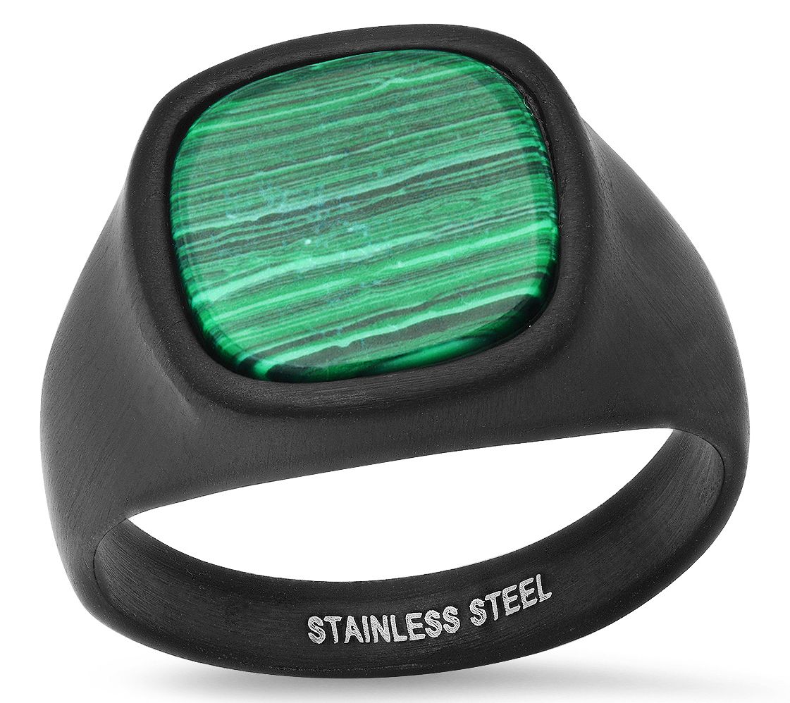 Steel By Design Men's Black IP Simulated Malachite Ring