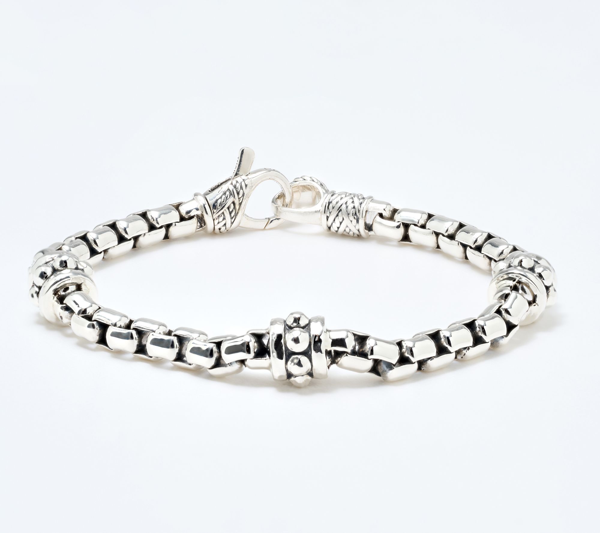 JAI Sterling Silver 5.3mm Box Chain Shimmer Bead Bracelet, 24g
