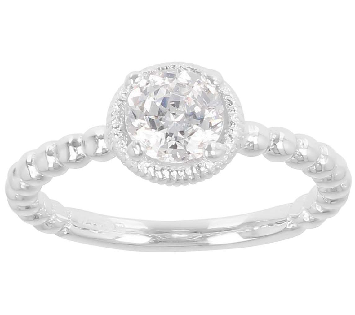Diamonique 0.90 cttw Solitaire Beaded Band Ring, Sterling