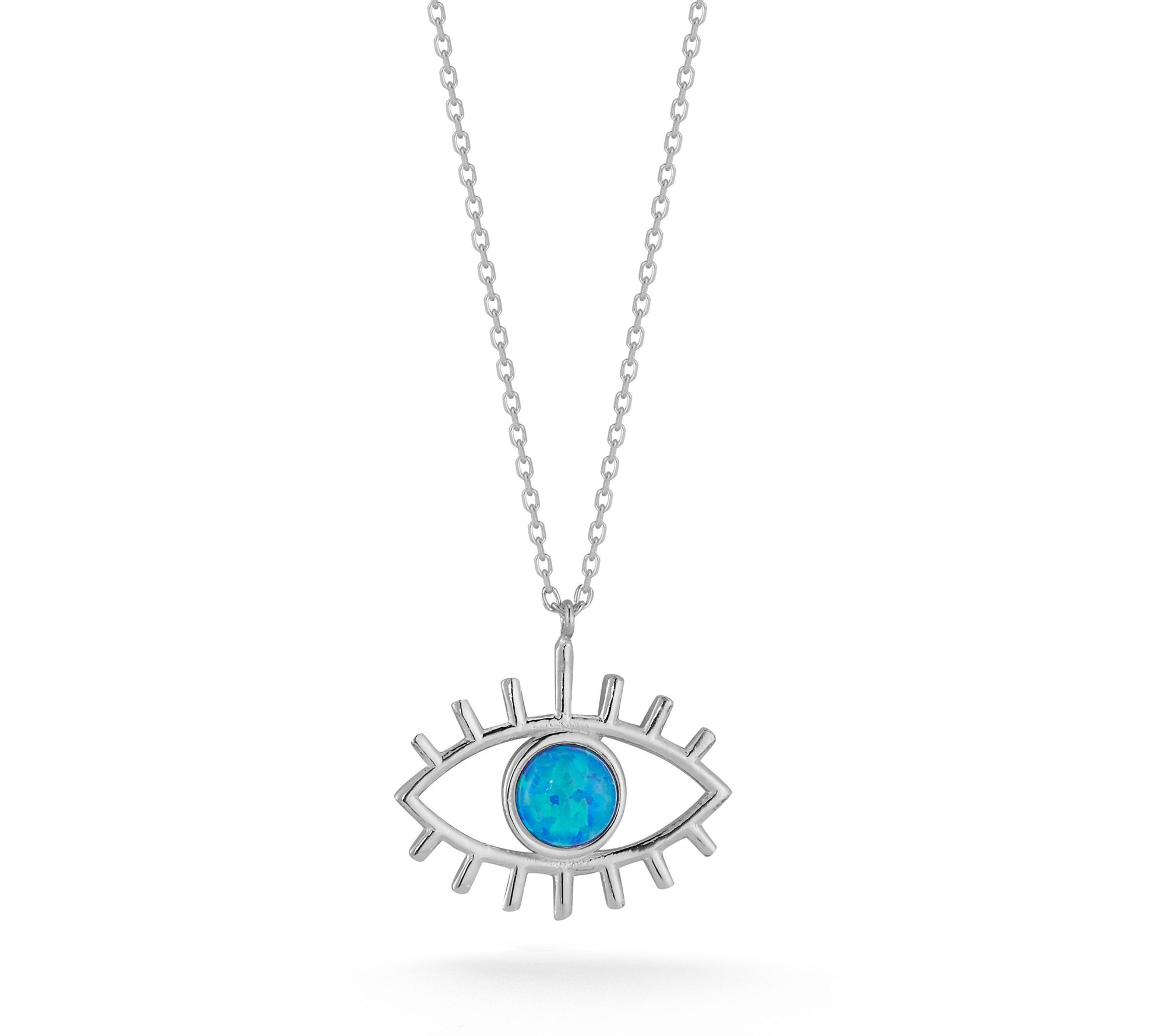Sterling Silver Simulated Blue Opal Eye Necklace, Sterling