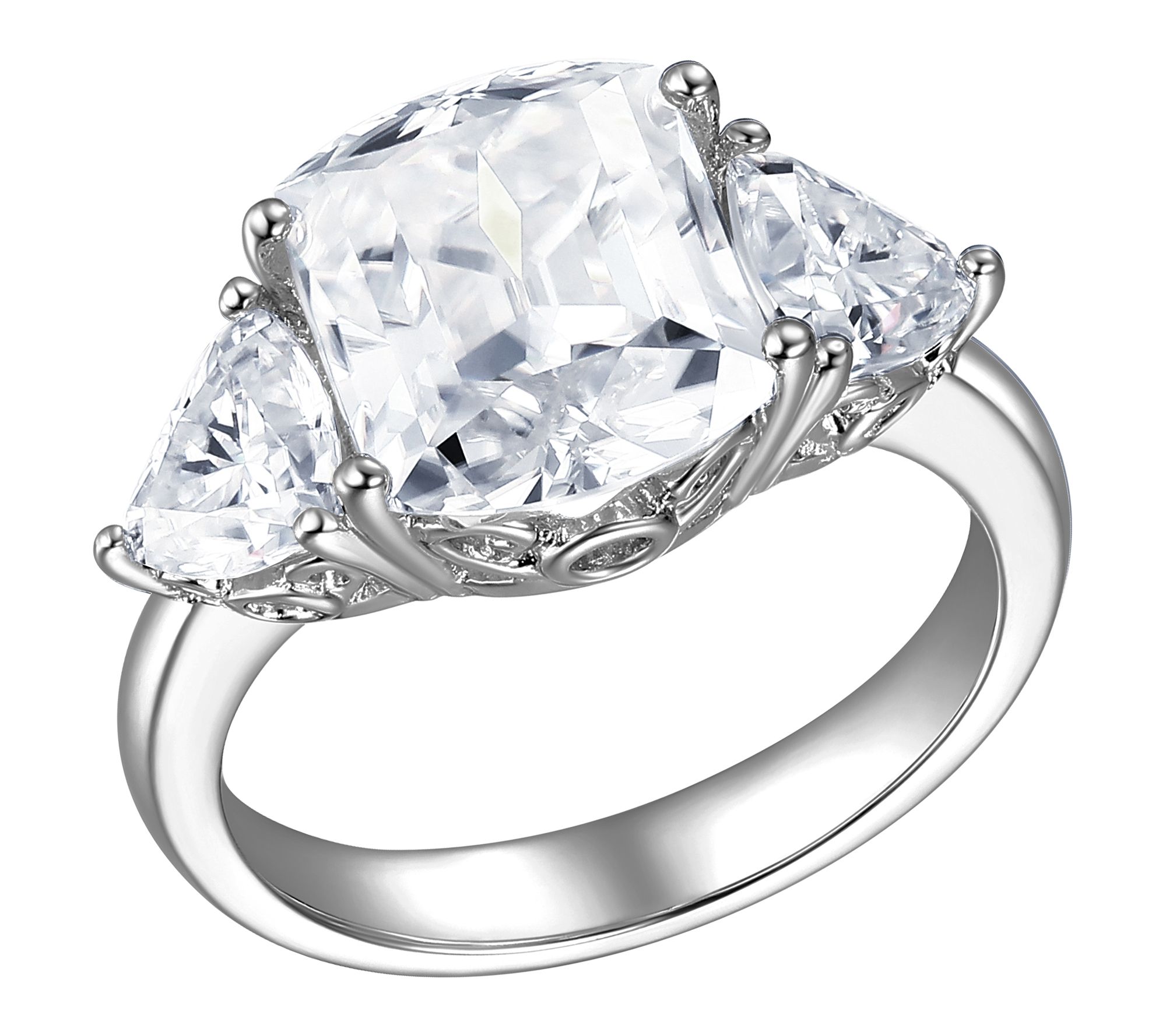 Moissanite Cushion & Trillion Cut Ring, Sterling Silver